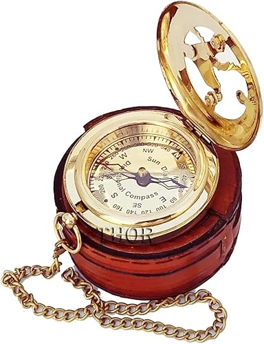 Miniatura 2 de Hermosa brújula de reloj de sol de latón con caja de cuero marrón y cadena | Brújula abierta | Camping | Senderismo Steampunk | Acabado de latón