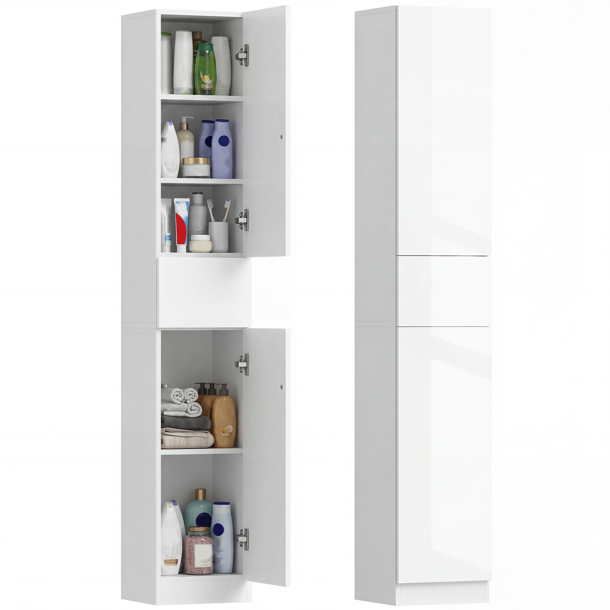kleankin Tall Bathroom Cabinet with Adjustable Shelves, High Gloss Storage Cupboard, Freestanding Tallboy with Storage Drawer, White