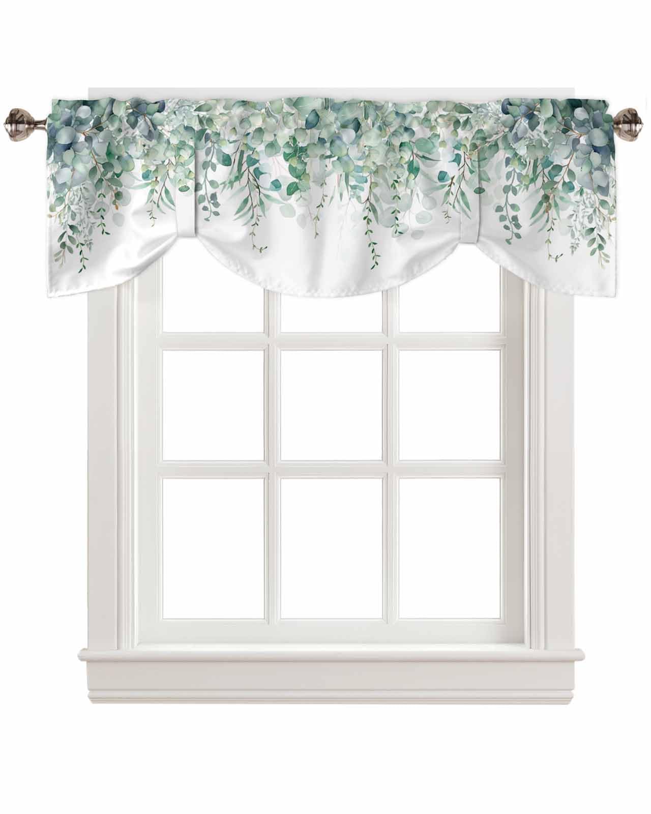 DecorLovee Teal Eucalyptus Leaves Tie Up Valances for Windows, Spring Floral Kitchen Curtains Valance Window Shade, Summer Botanical Rod Pocket
