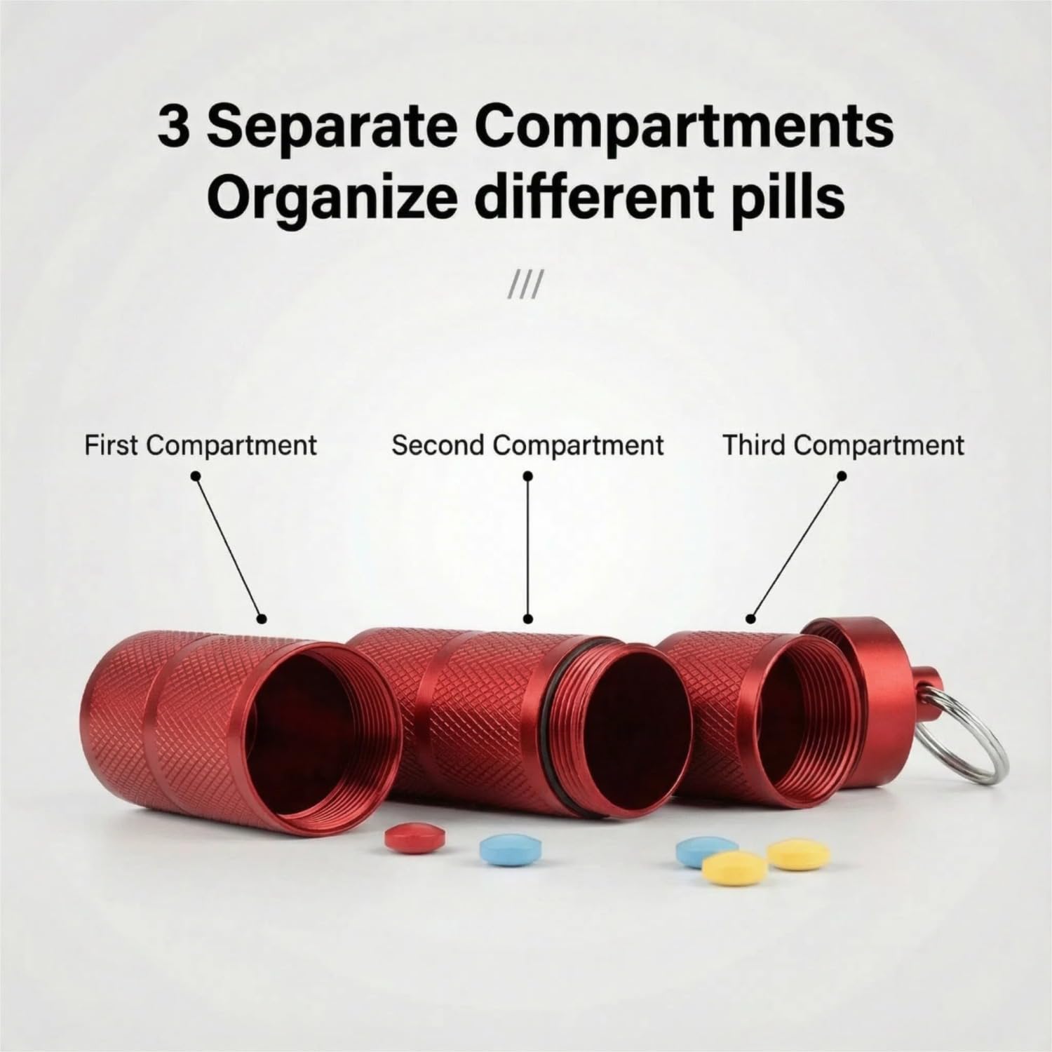 Pillendose mit Schlüsselanhänger, wasserdicht, kompakt, tragbar und sicher mit 3 Fächern, Pillendose im Taschenformat und Behälter für tägliche Medikamente unterwegs (Weinrot)