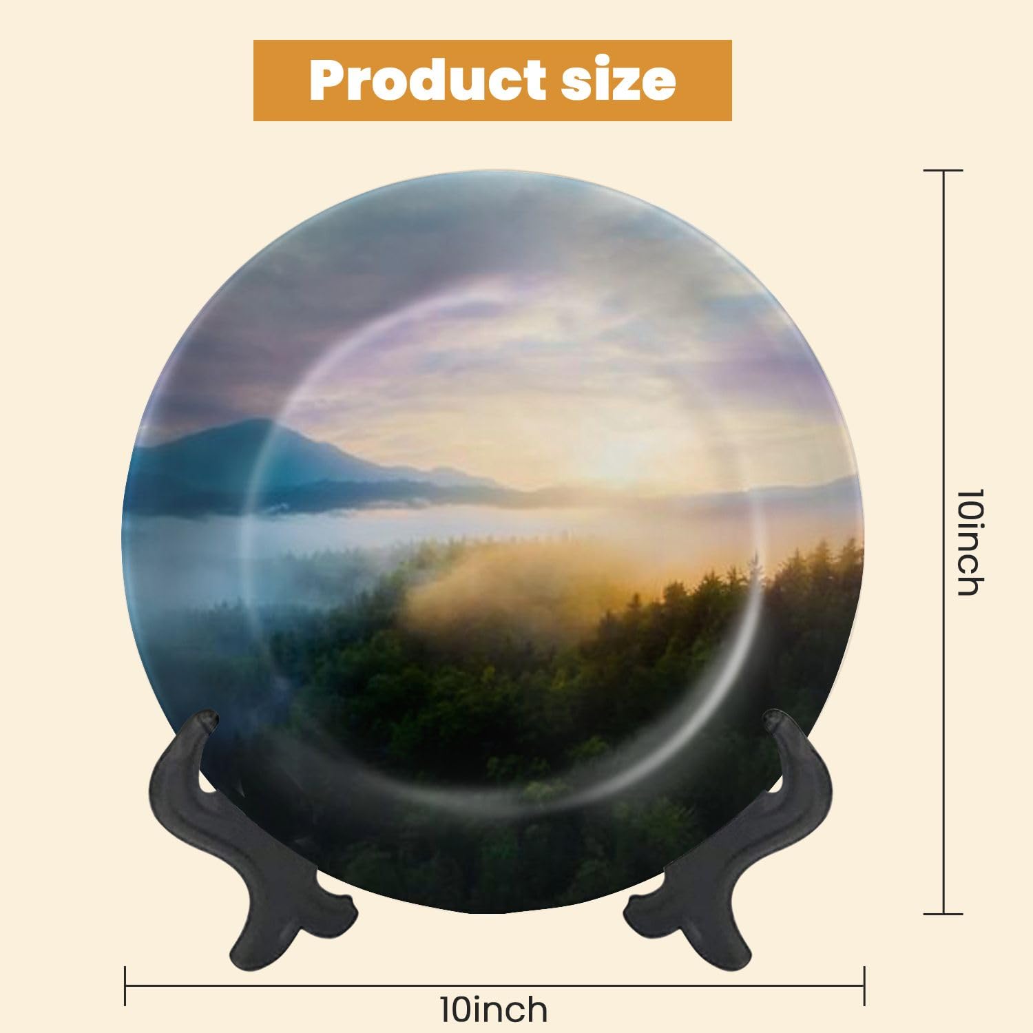 Decorative Plates for Display Beautiful Mountain Landscape Dawn Morning Valley Dramatic Sky Misty Gift Plates Ceramic Collections Plates Hanging Artwork for Living Dining Room Kitchen Souvenir