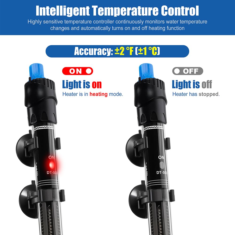 DaToo Chauffage d'aquarium submersible 500 W 500 W Thermostat réglable avec 2 ventouses et un thermomètre numérique gratuit pour eau salée et eau douce