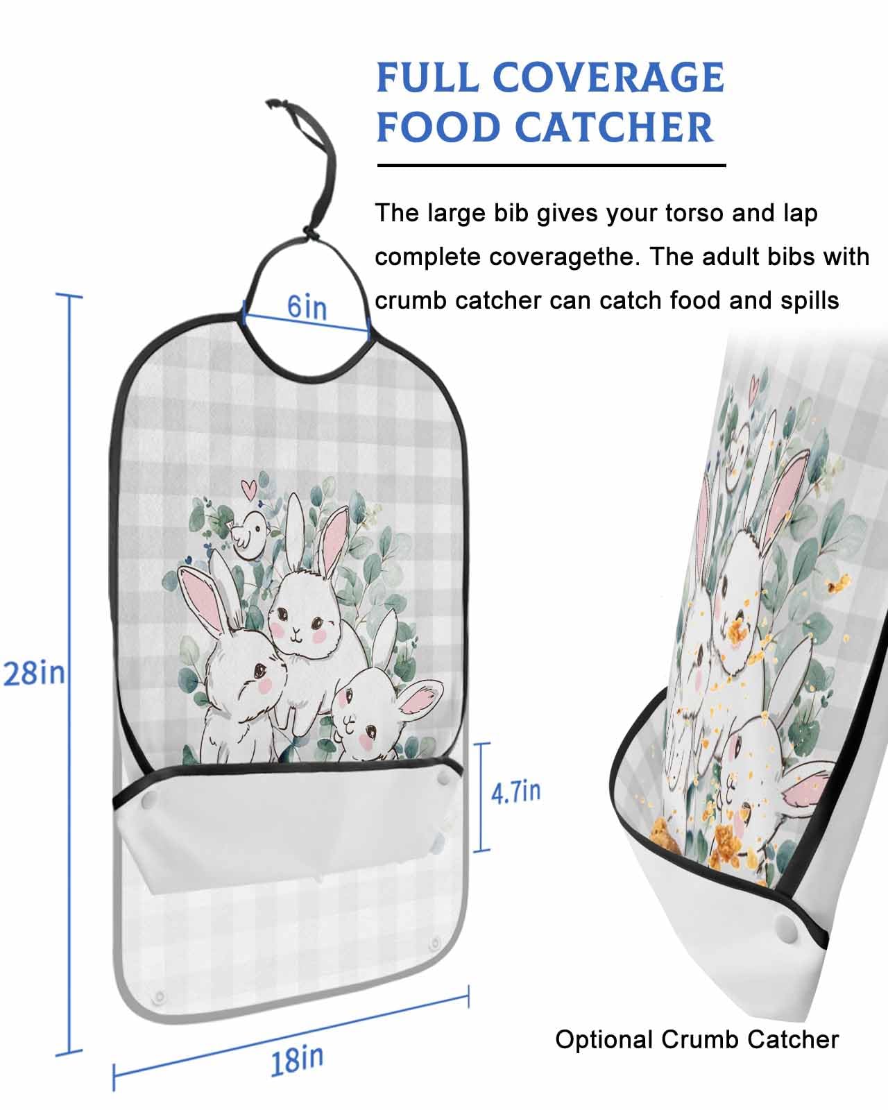 LEOKOTI Spring Bunny Easter Adult Bibs for Eating, Waterproof Bibs with Food Catcher & Adjustable Snap Closure, Grey Plaid Eucalyptus Leaves Washable Clothing Protectors Adult Bibs for Elderly