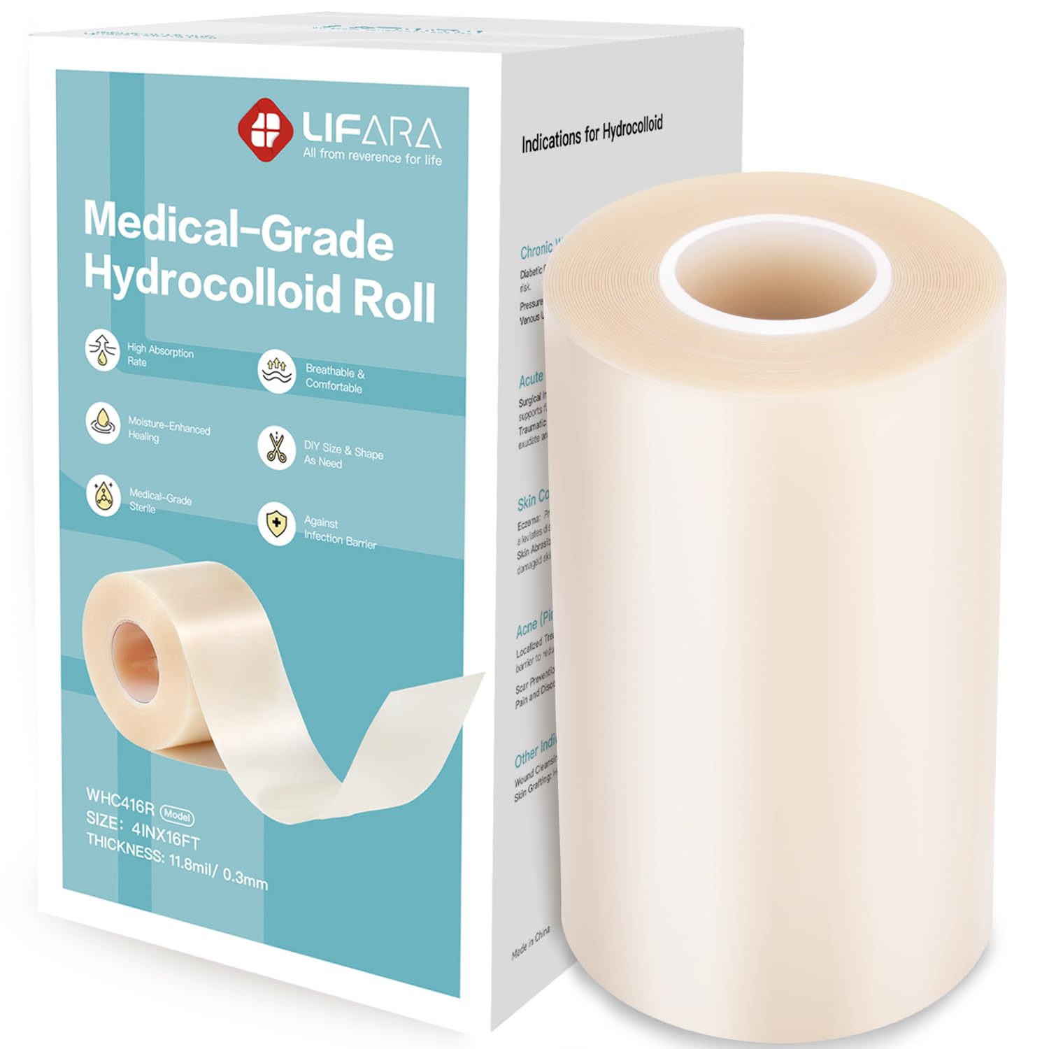 LIFARA Hydrocolloid Roll for Wound Care - Cut-to-Size, Hydrocolloid Patch Bandages with Self-Adhesive, Ultra Absorbent &amp; Waterproof, First Aid Kit Essential (11.8mil/ 0.3mm Thickness, 4in*16ft)