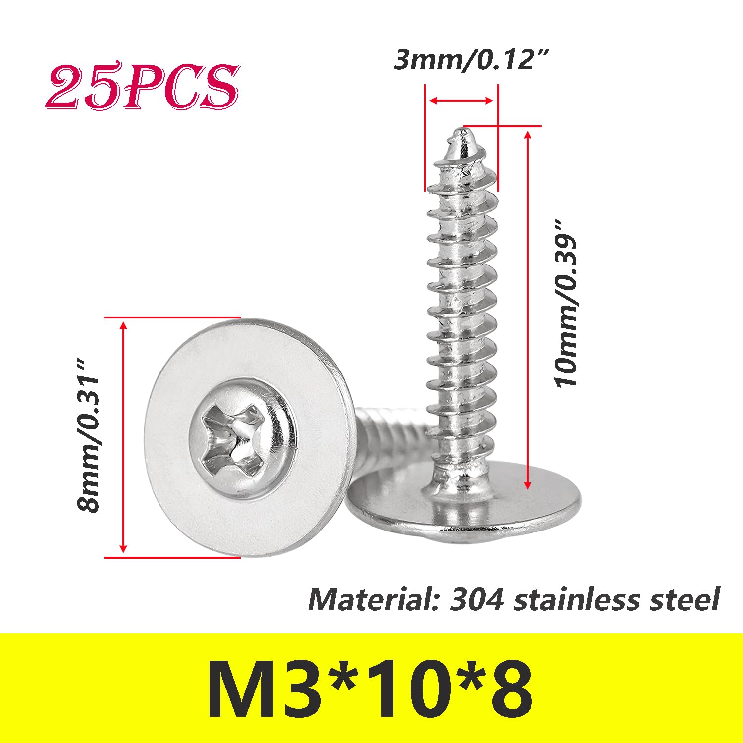 25 Pezzi Viti Autofilettanti a Testa a Croce, M3 x 10 x 8 mm Viti per Legno in Acciaio Inox 304, per Plastica e Legno