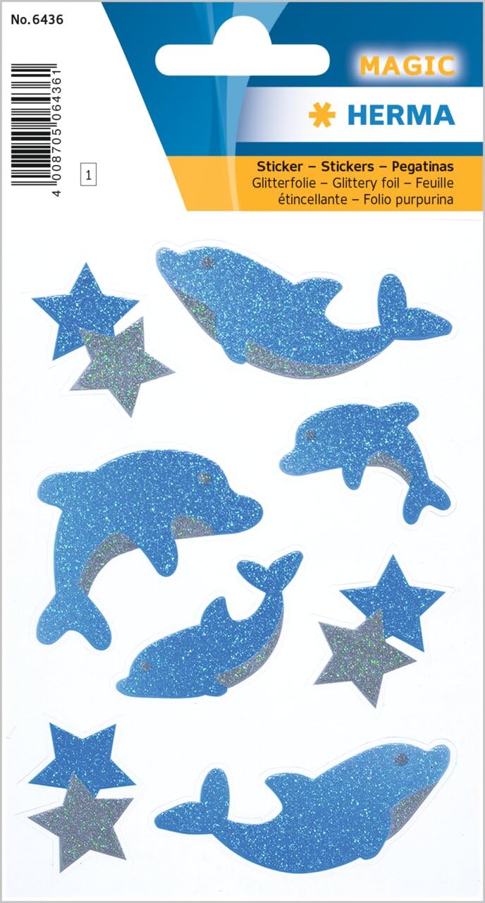 HERMA 6436 Glitter Dolphins Self-Adhesive Foil Stickers for Boys Girls or Album, 8 Animal Stickers for Children