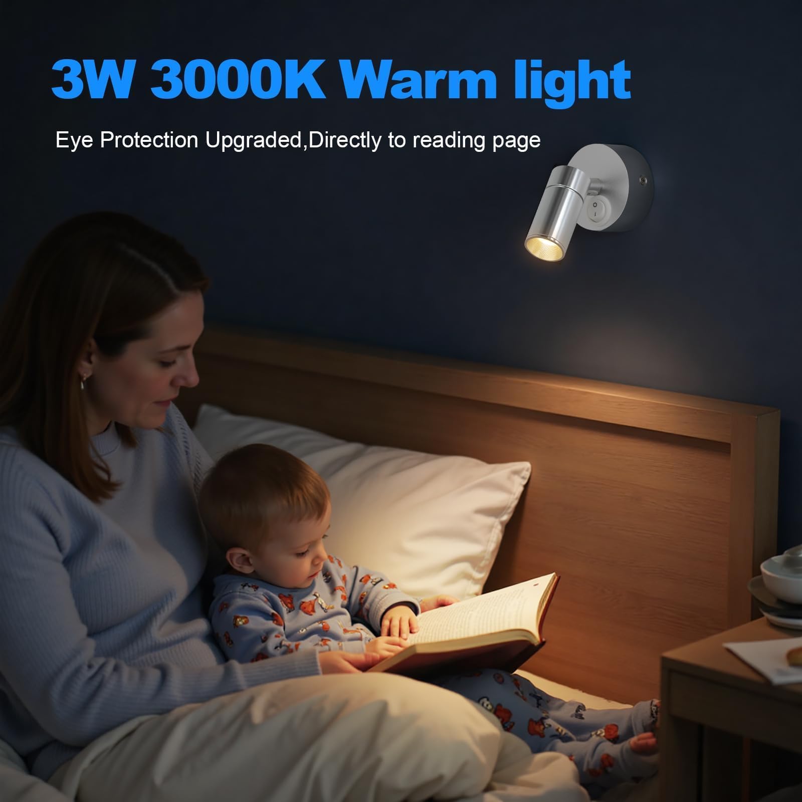 ERWEY 2 piezas LED luz de pared interior, lámpara de lectura de 3W blanco cálido 3000K cama giratoria iluminación de spots de con interruptor para dormitorio cuarto de baño pasillo, Plata
