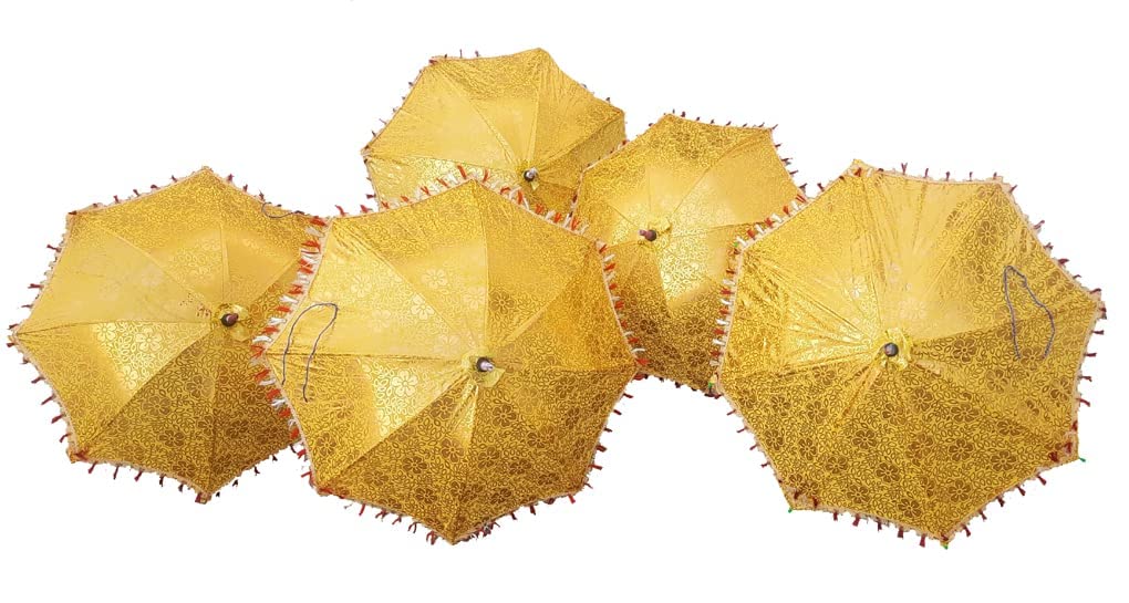 Golden Printed Sun Protection Rajasthani Umbrella Handicraft Walking Stick - 5 Pieces Lot (Wedding, Haldi, Mehndi Function Special)-image-35