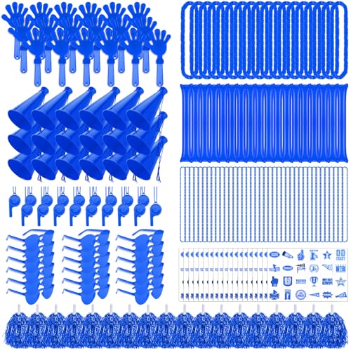 Soulchen 540 Pcs Blue Team Spirit Accessories Bulk Spirit Day Pep Rally Accessories Sporting Events Party Cheerleading Pom Poms Hand Clappers Thunder Stick Whistle Megaphone