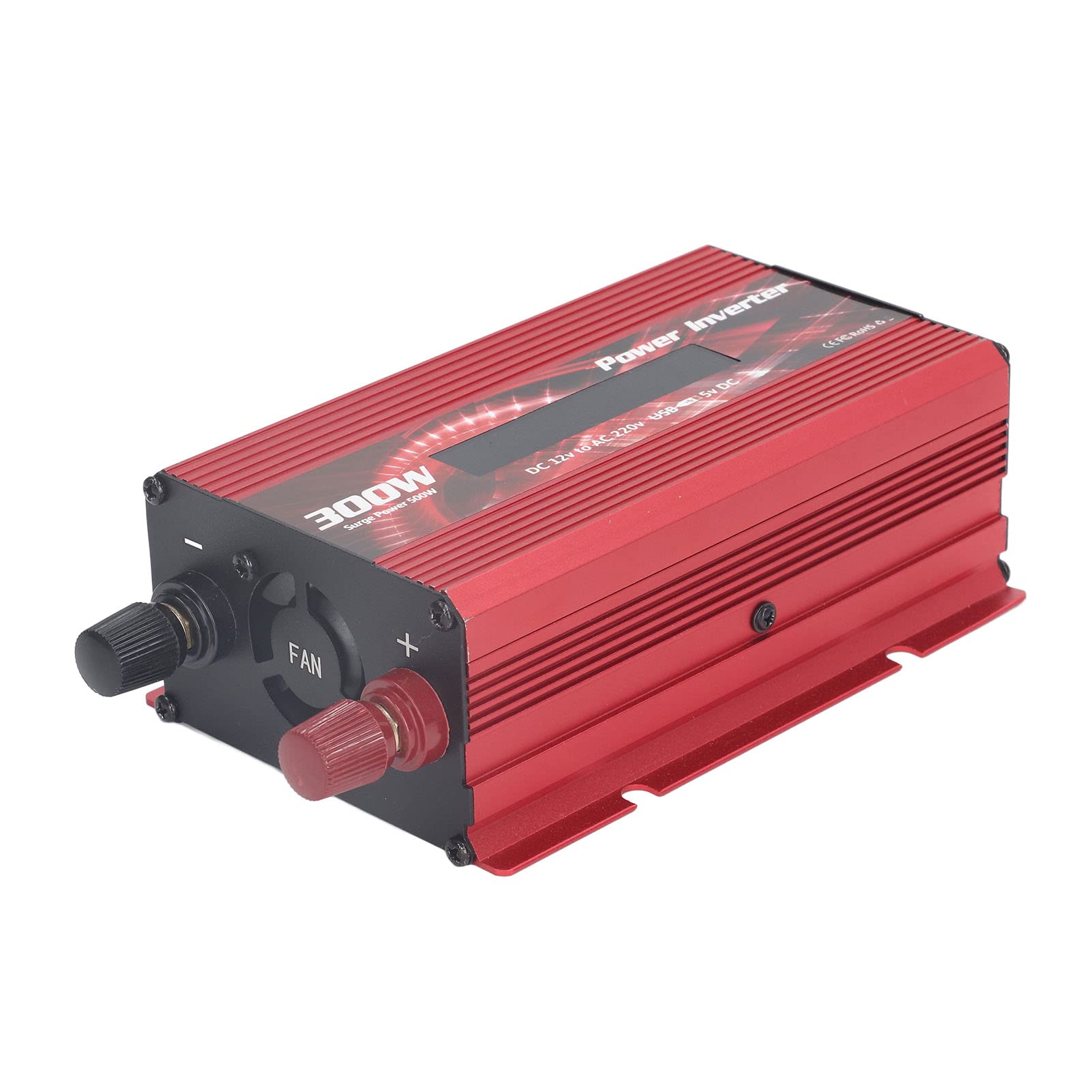 YWBL-WH Konwerter Samochodowy Aluminiowy Falownik 300 W DC 12 V na AC 220 V z 2 A USB Wentylator Chłodzący z Wyświetlaczem LCD Do Podróży Samochodem Wycieczki Drogowe Do Użytku na Zewnątrz (czerwony)