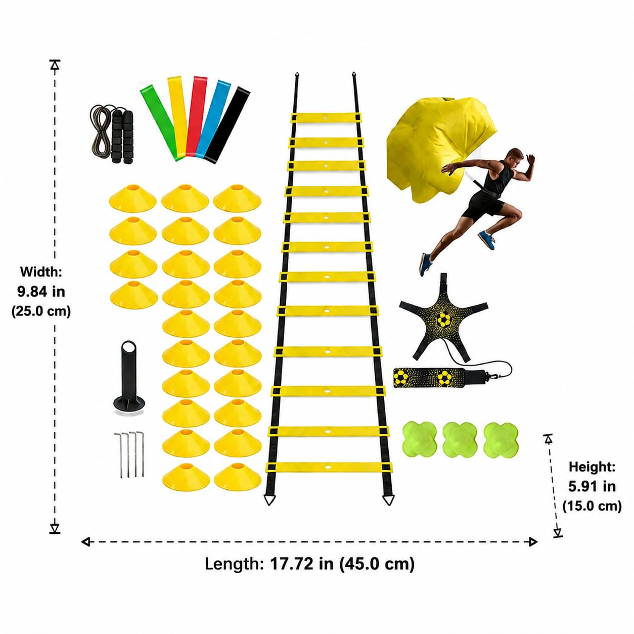 Kit Completo Allenamento Coordinazione Ostacoli Altezza Regolabile Paracadute Resistenza Cintura Lombare Cinesini Piatti Segnaposto Tondi