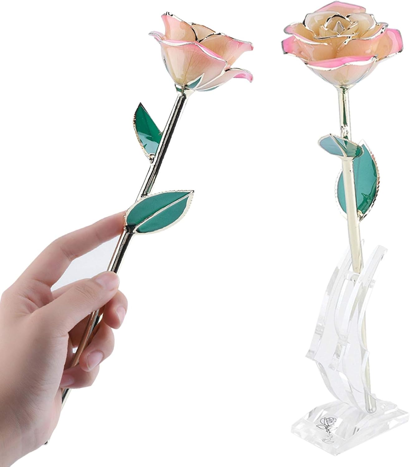 Fafeicy 24K Gold Rose Eternal Flower Preserved in Crystal Resin with Stand for Home Office Lasting Decor