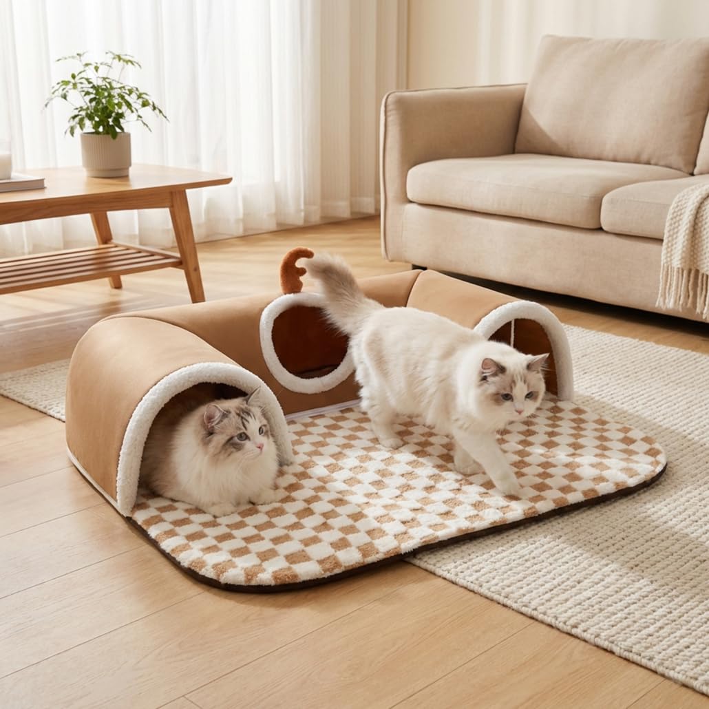 Cat Tunnel Bed - Reversible & Washable Indoor Cat Bed Tunnel with Interactive Toys for Comfort and Fun