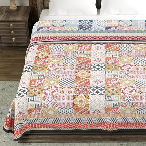 Image of BLOCKS OF INDIA 100% Cotton Dohar King Size Reversible Hand Block Printed Malmal Summer Dohar /Blanket (Orange Ikat, 300 Tc)