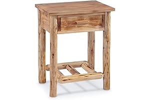 CastleCreek Pine Wood Log End Table - Rustic Side Table Nightstand with Drawer