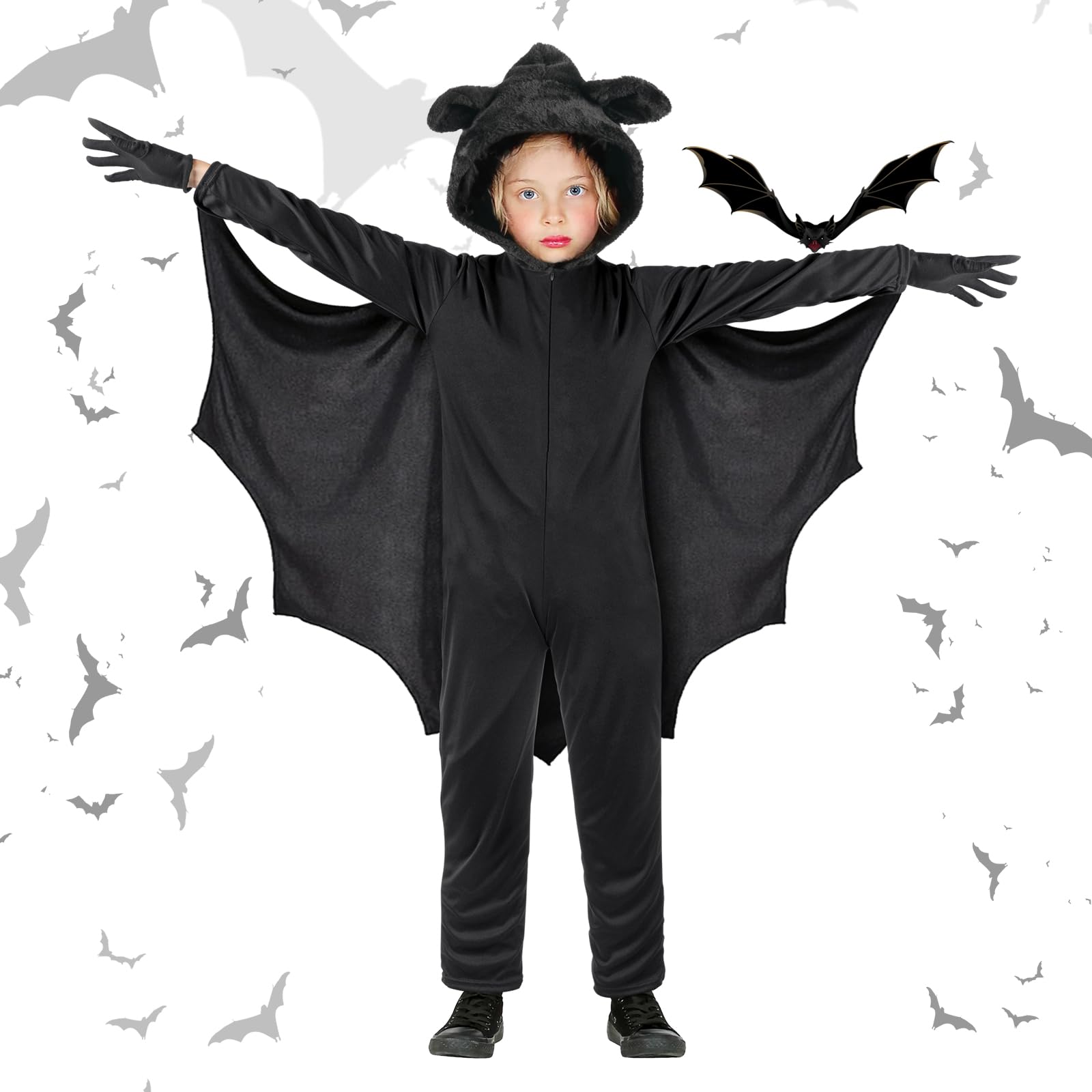 Aomig Bat Costume Children's Halloween Jumpsuit with Glove and Wings, Vampire and Bat Wings for Fancy Dress and Carnival Events
