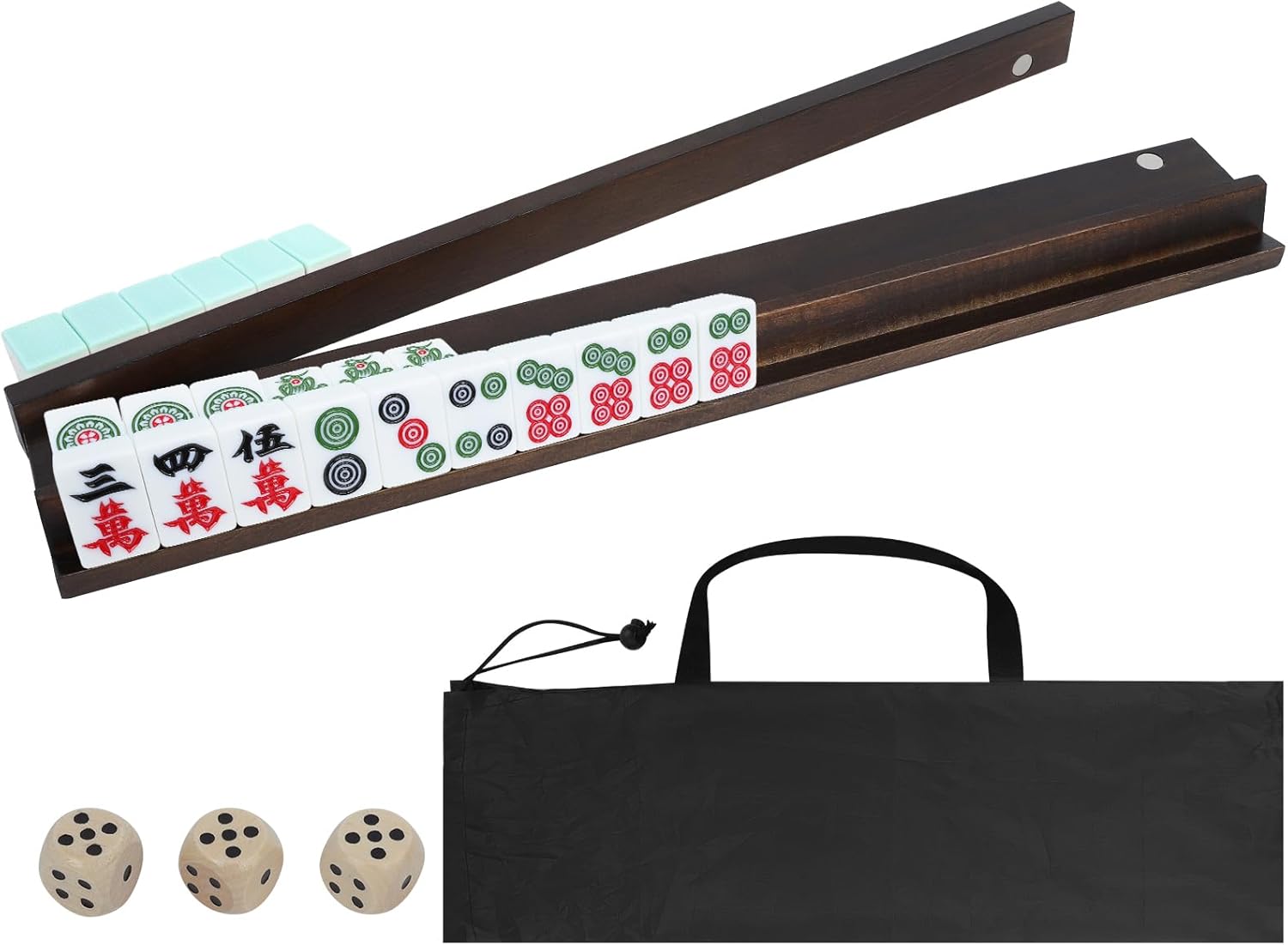 Mahjong Racks with Pushers Set of 4, All-in-One Tile Wooden Mahjong Racks 4 Strong Magnetism Attached Pushers, Dice & Storage Bags for American Mahjong Tile (Walnut)
