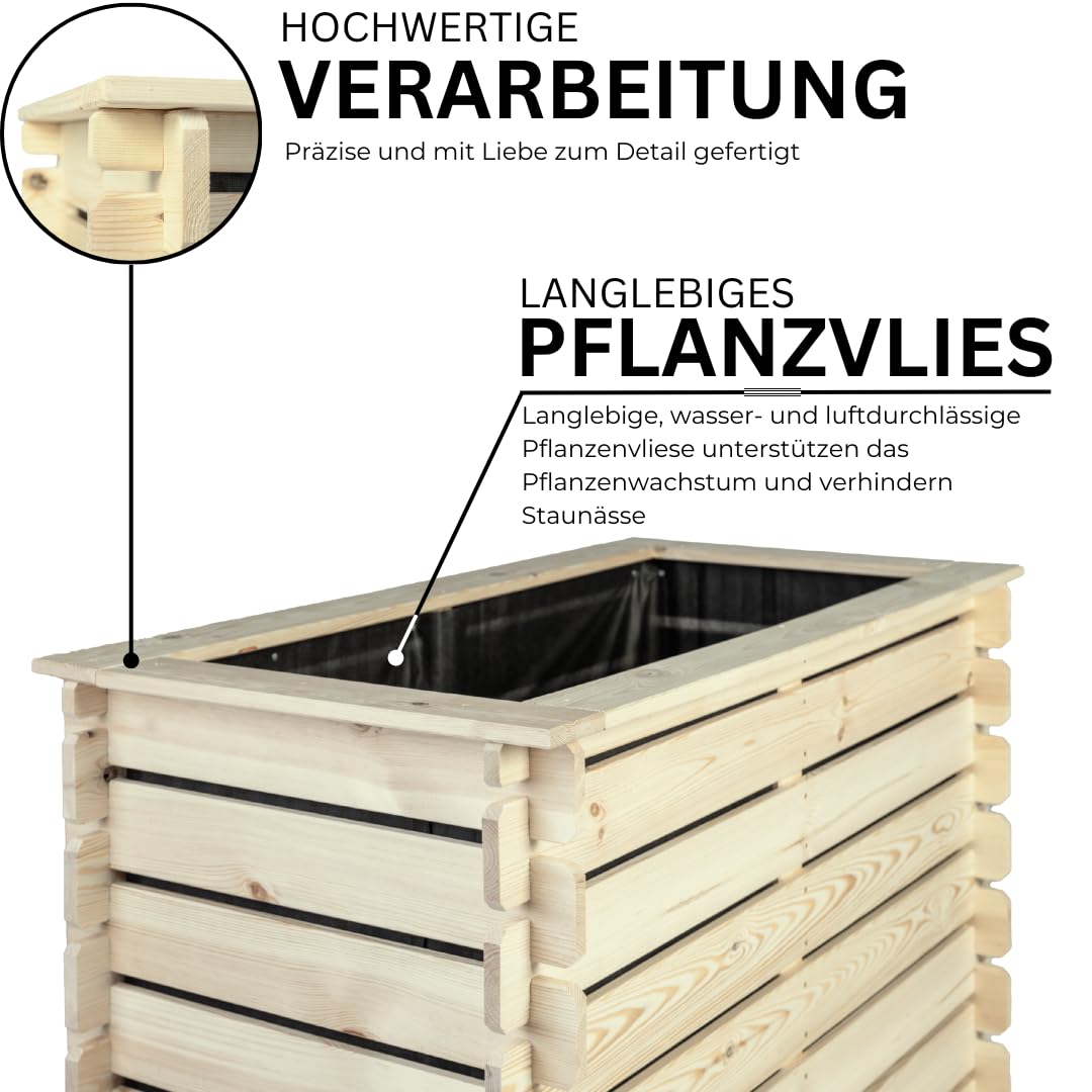 Mega Holz Hochbeet PLANTO 117x59x77 (BxTxH) aus Natürlicher Kiefer, Blumenbeet aus Holz, Wetterfest, Innen- und Außenbereich, Kräuterbeet für Garten, Balkon und Terrasse, Einfaches Stecksystem