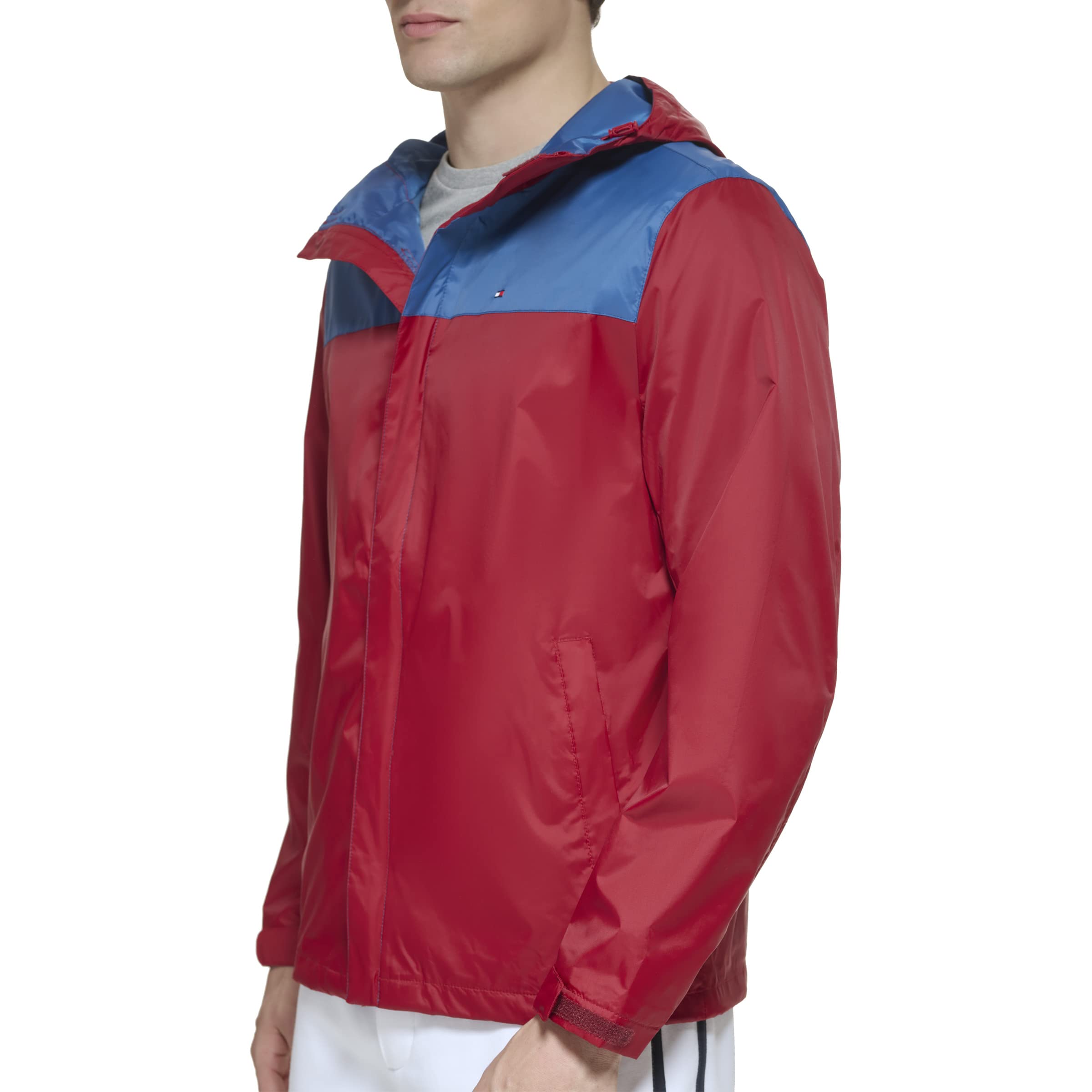 Tommy Hilfiger Men's Blue Coast/Red Colorblock Lightweight Breathable Waterproof Hooded Rain Jacket, Xl
