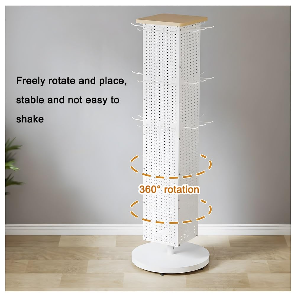 Zfmnoyev Four-Sided Pegboard Tower Floor Display Shelf, Revolving Retail Counter Display W/ 60 Hooks, for Socks Accessories Keys Sticker(White,43x43x145 cm)