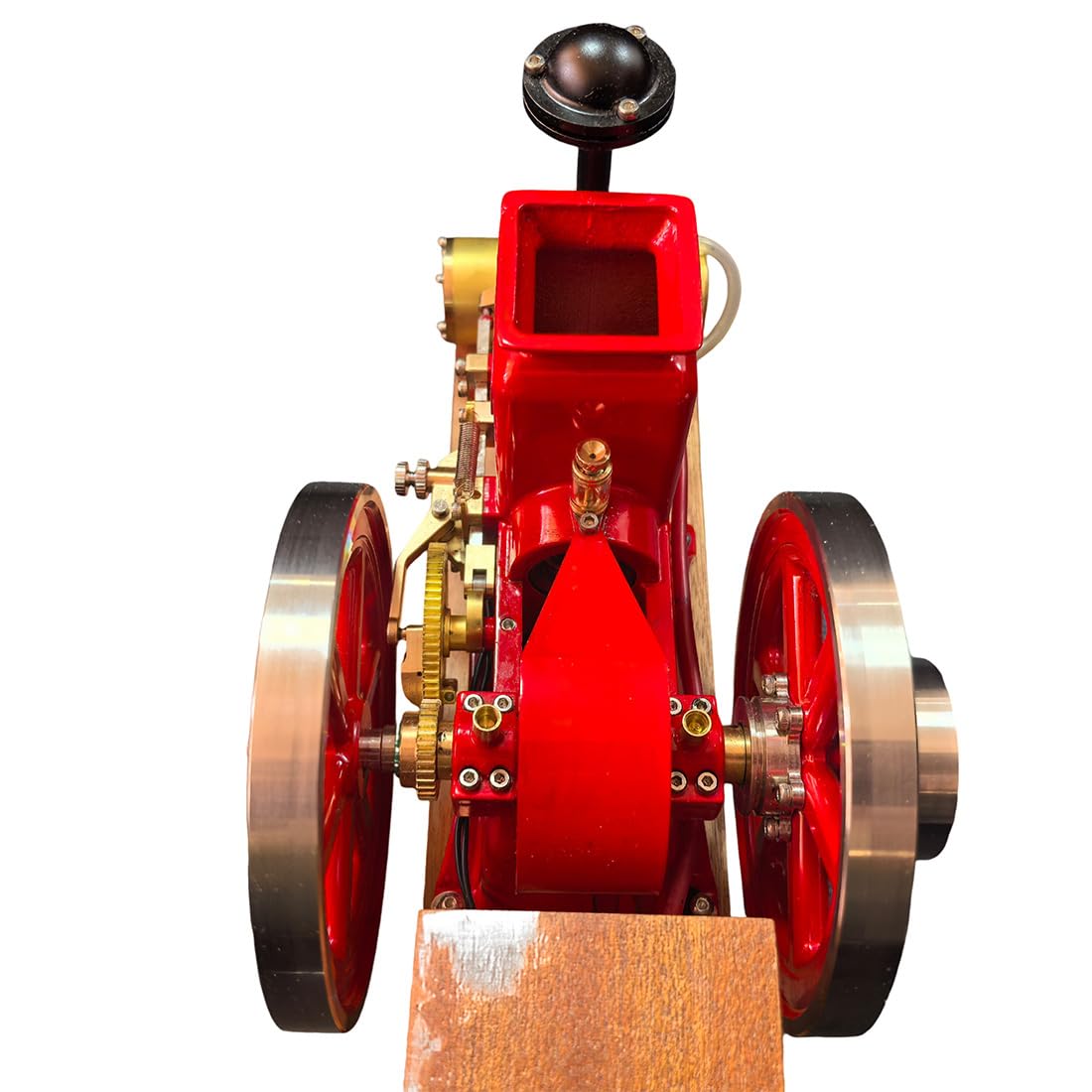 Hit und Miss Motor model, 3,6 cm³, miniaturowy, poziomy, jednocylindrowy, 4-suwowy silnik benzynowy z systemem zapłonowym i drewnianą podstawką, dekoracja silnika rolniczego w stylu vintage