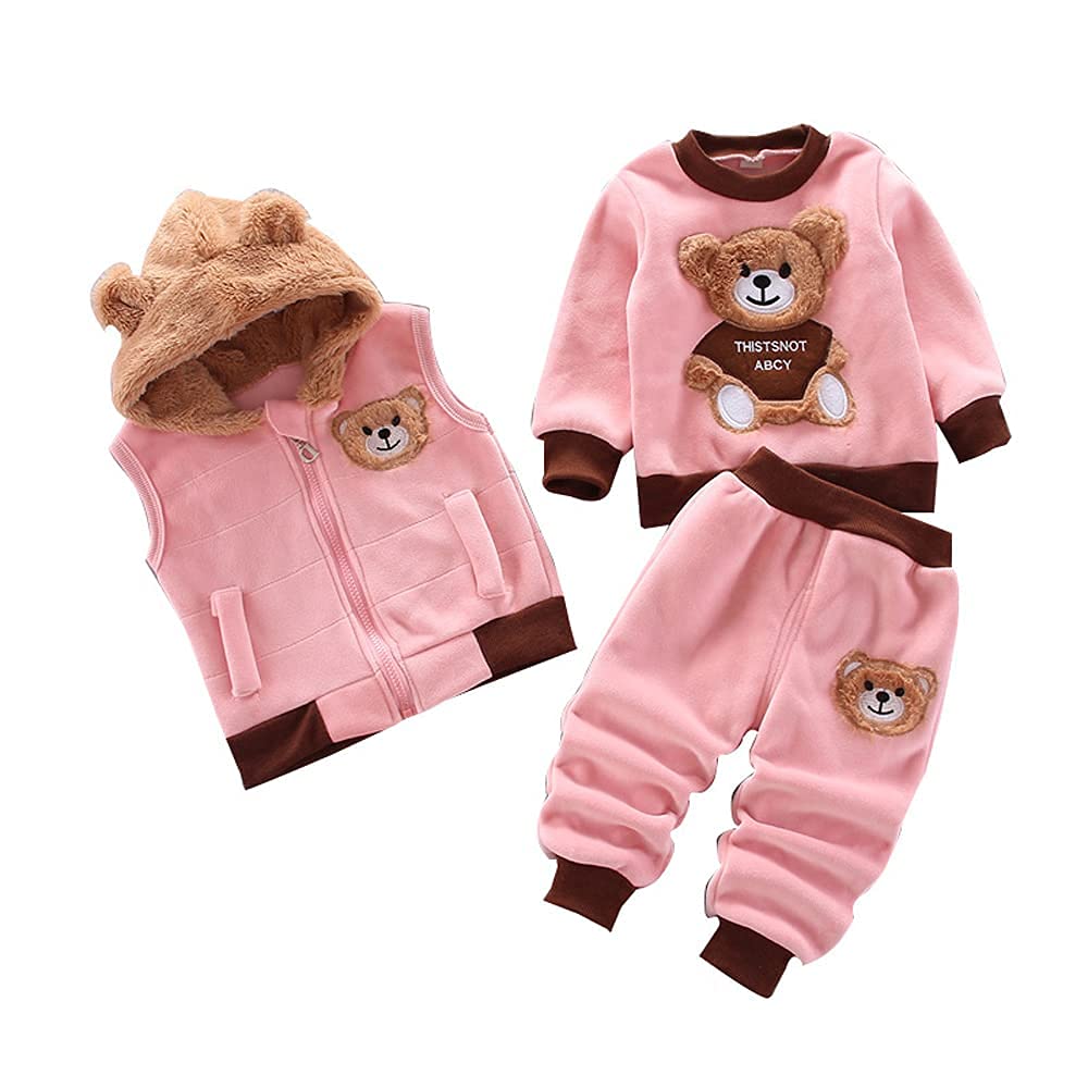 Baby Boy Girls 3pcs Clothing Sets Long Sleeve Top Hooded Vest Trousers Plush Thick Autumn Winter Bear Print Outfits 0-3 Years