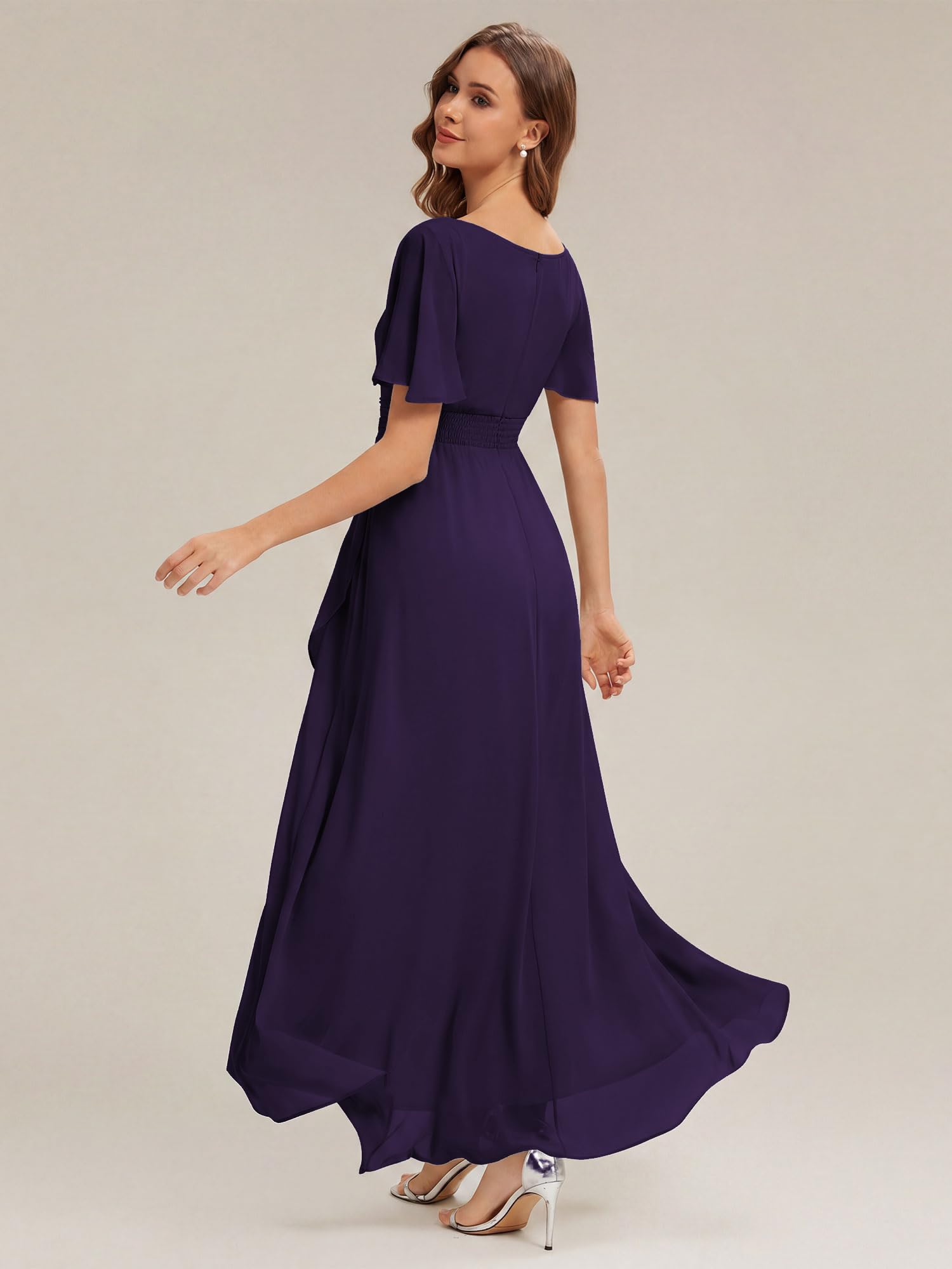Ever-Pretty Robes de Demoiselle d'honneur Col Ronde Manches Courtes Mousseline High-Low Ourlet asymétrique ES02708