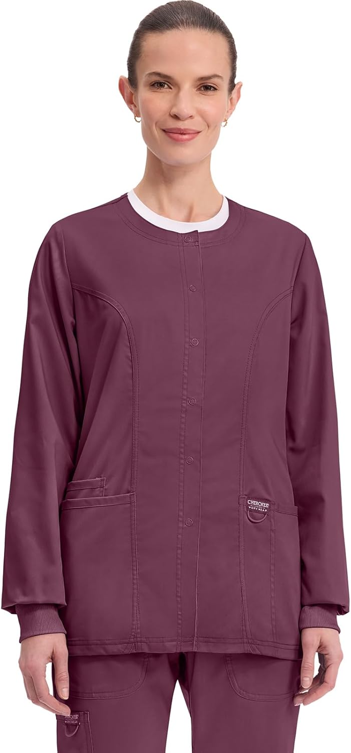 Cherokee Womens Scrub Jacket Nurse Snap Front Medical Uniform with Pockets, 2-Way Stretch, Easy Care Soft Fabric - WW310