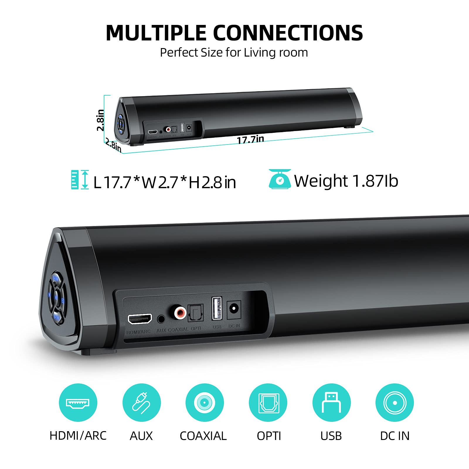 Buy Sound bar for TV with Bluetooth 5.0 50W Small Soundbar Compact Size 16inch Mini Soundbar