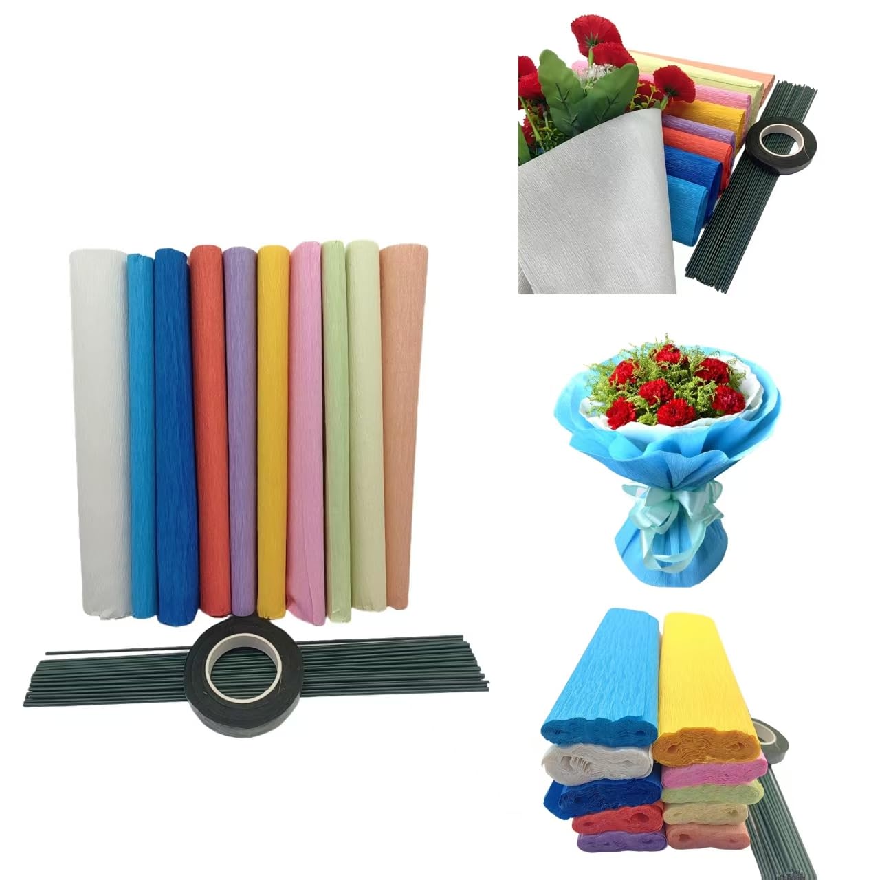 Lmlliang Lot de 10 rouleaux de papier crépon de couleurs – 250 × 25 cm, pour emballage cadeau, loisirs créatifs, anniversaire, mariage, vacances, fleurs (couleurs mélangées)