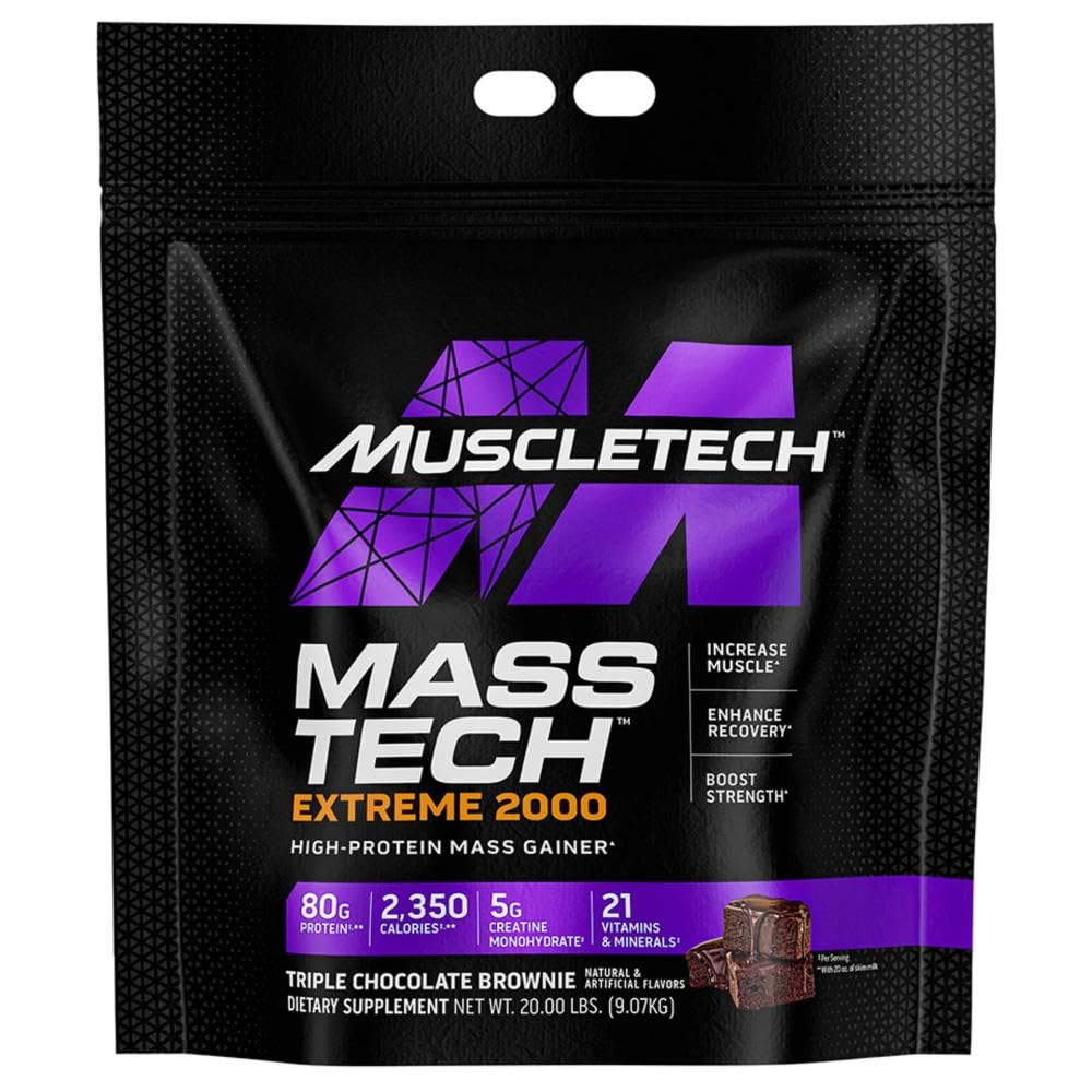 MuscletechMass Tech Extreme 2000 Ultimate 100% Muscle Builder Whey Protein Mass Gainer with 80 grams Protein, 10 grams Creatine & 20 grams Vitamins & Minerals, Triple Chocolate Brownie 20.00 lbs