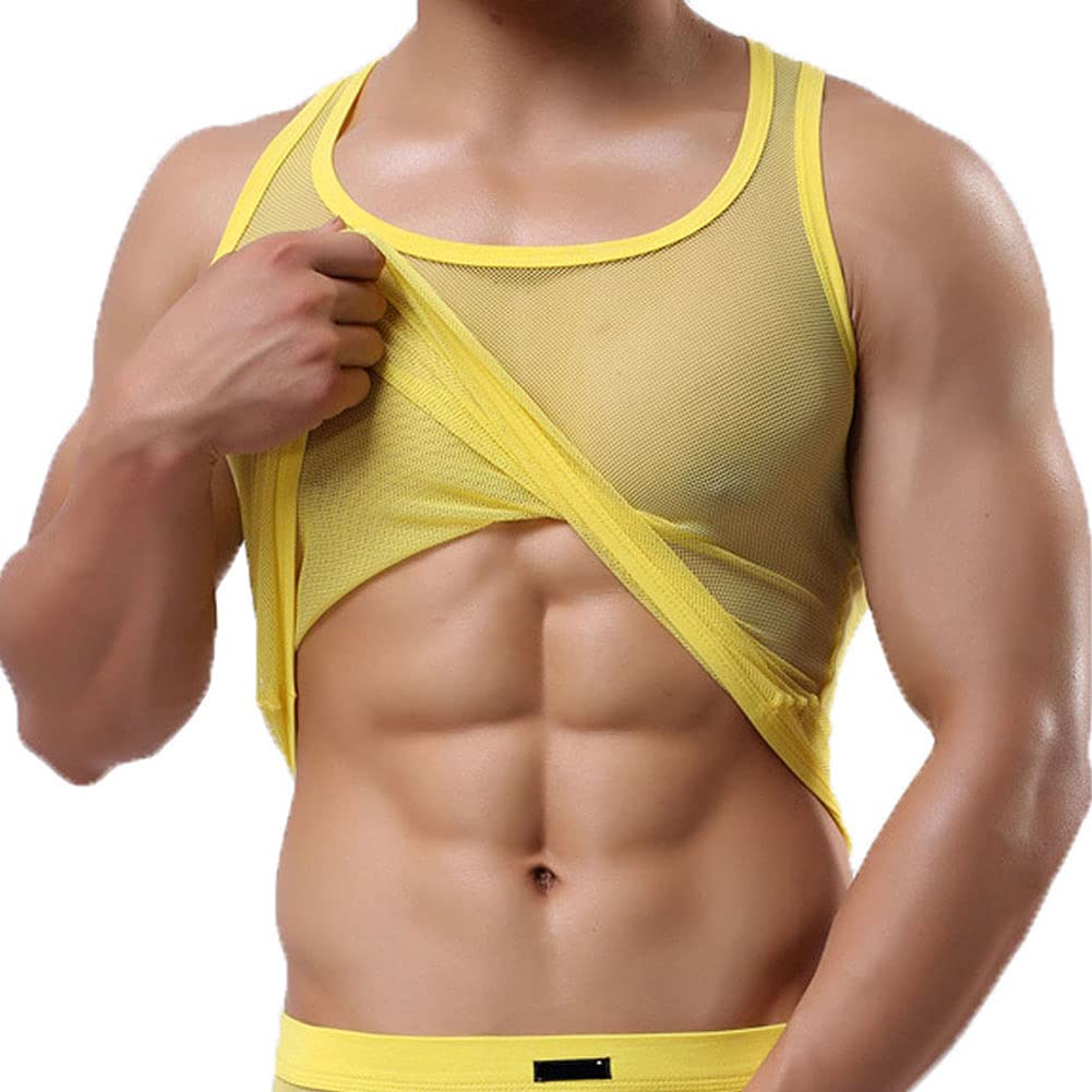 Uneihoiz Men's Yellow Summer Mesh Soft Tank Top See Through Vest Stretch Undershirt Medium