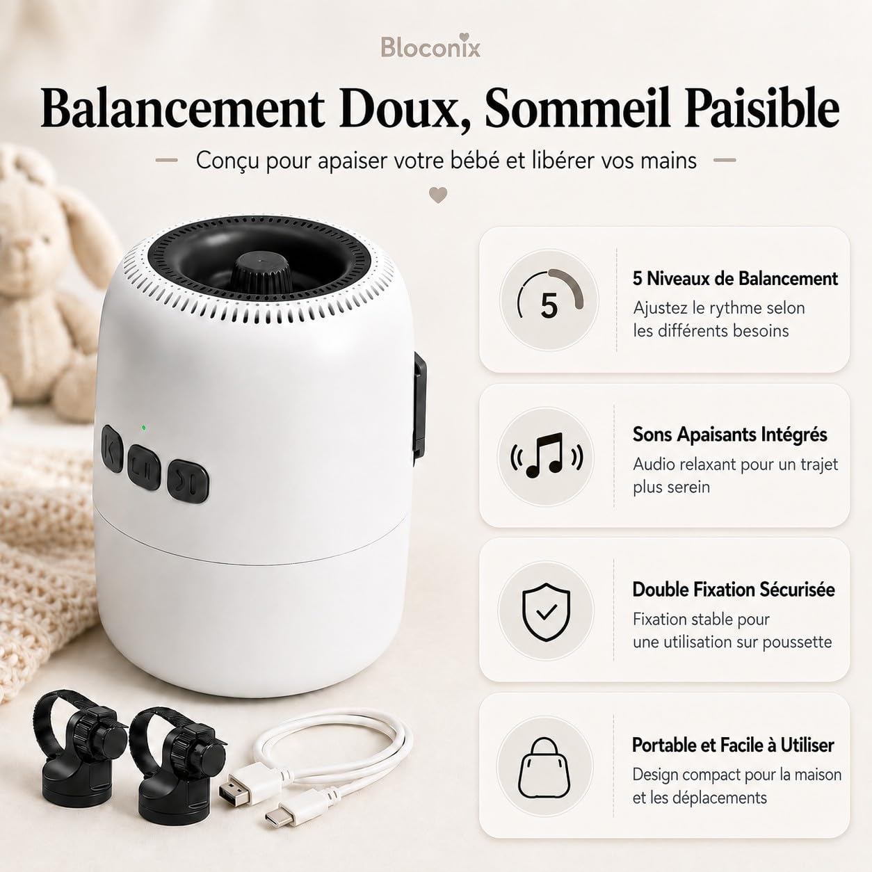Baby Rocker, Bercement Poussette avec 5 Niveaux de Balancement et 10 Sons Apaisants, Accessoire Poussette Rechargeable USB-C, Support Double Réglable pour Maison Voyage Promenade