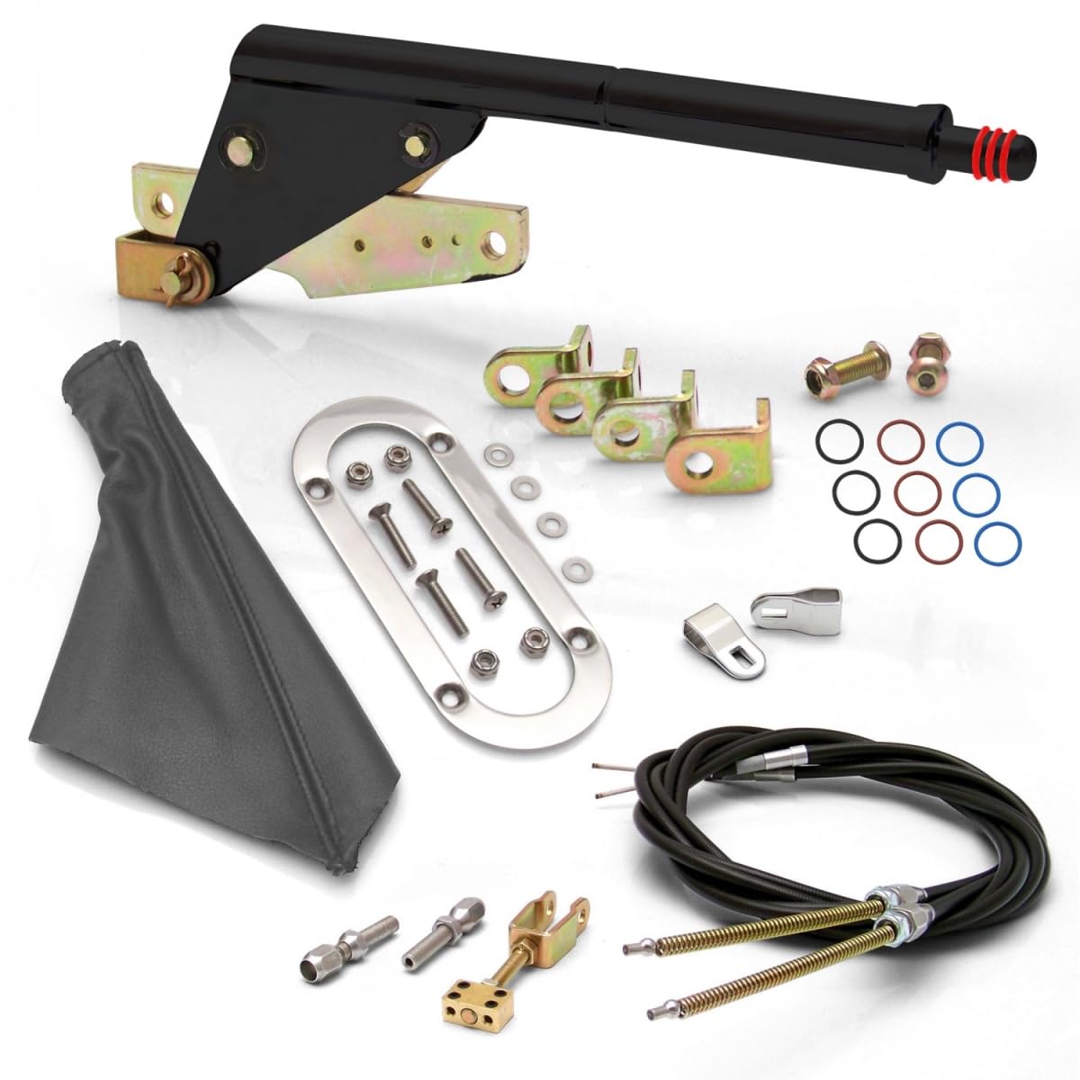 Floor Mount Black E-Brake Handle Grey Boot Chrome Ring Cable Kit for GM Clevis