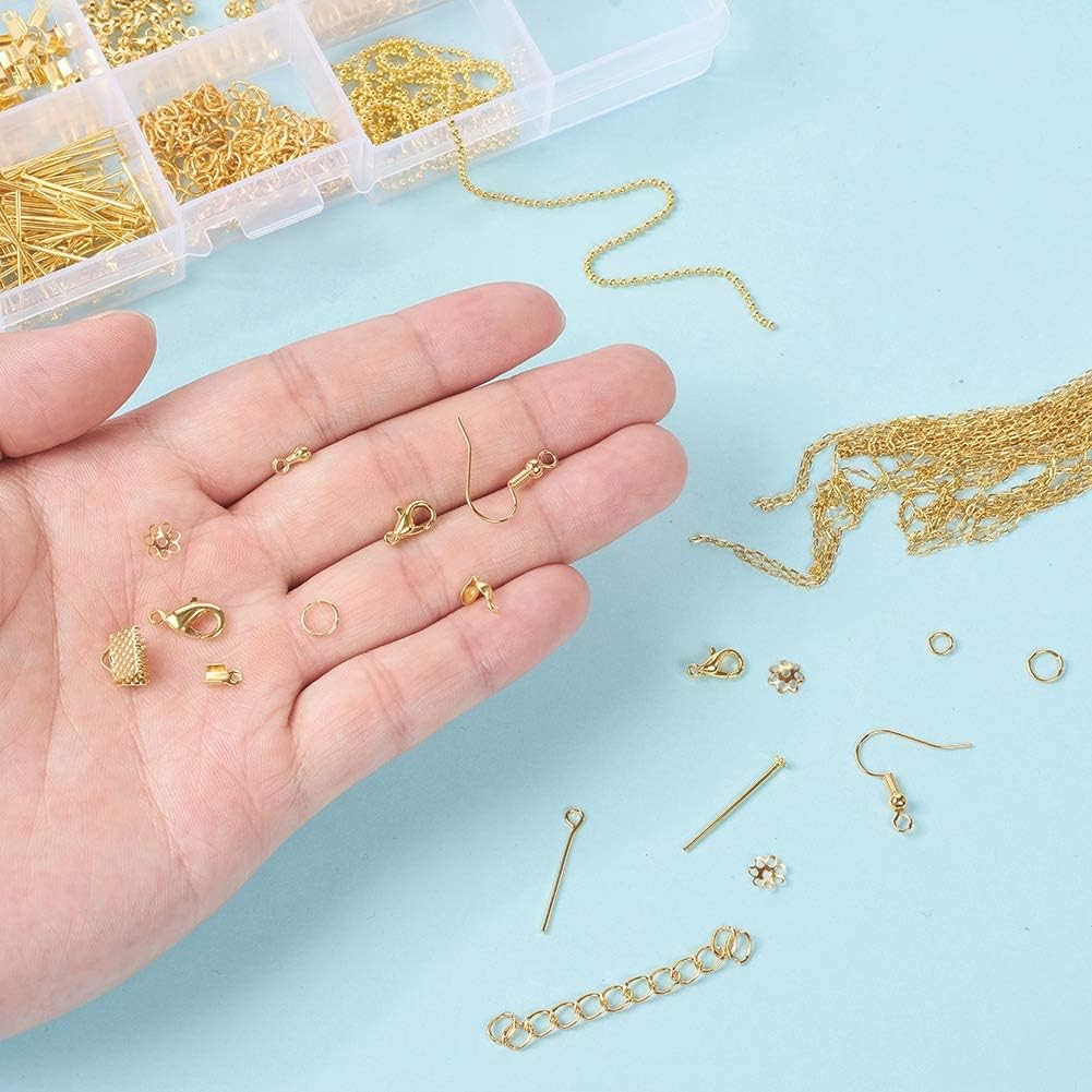 JAUNTY Golden Plated Jewellery Finding Material Mix Box, Eyepins, Headpins, Ear Hooks, Bead Caps, Jumprings, Clasps Chains and Cord End for Jewellery Making and Crafts Work 3