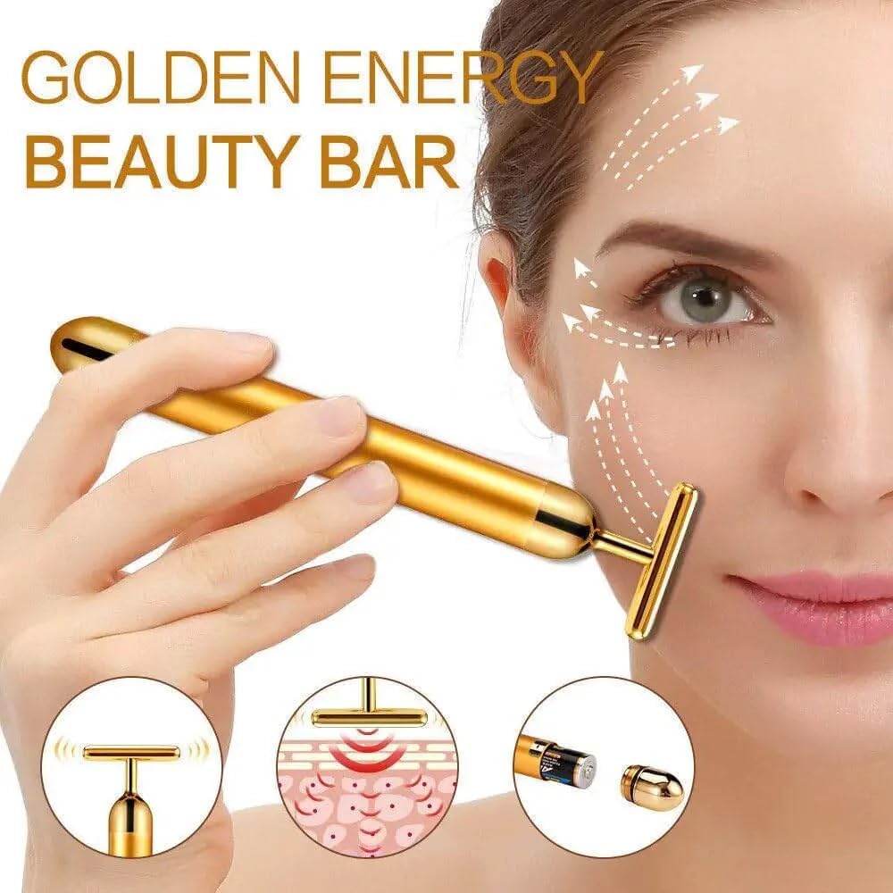 PREZONE 24k Gold Energy Beauty Bar Electric Vibration Facial Massage Roller Waterproof Face Skin Care T-Shaped Anti Wrinkle Massager for Forehead Cheek Neck Clavicle Arm (Gold Colour) 1