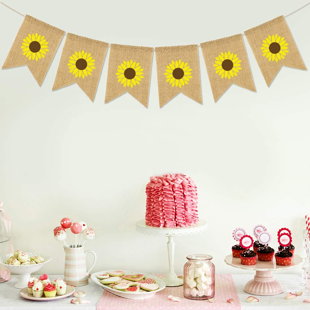Amosfun Summer Burlap Banner - Sunflower Birthday Bunting With Swallowtail Flags For Party Decor