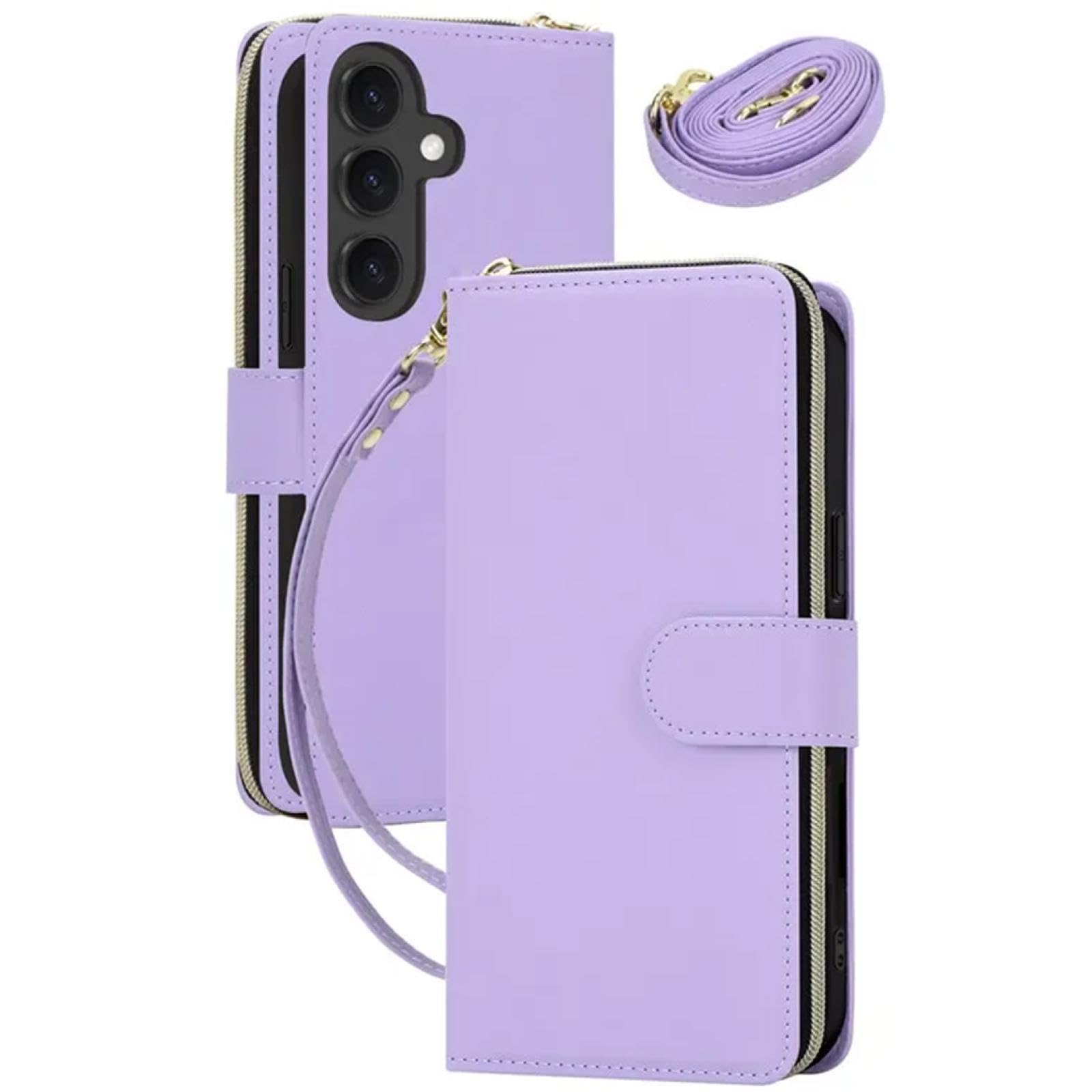 Per Samsung A06 Custodia per telefono con cerniera in pelle e portafoglio con tracolla e laccio (per Samsung A06/viola chiaro)