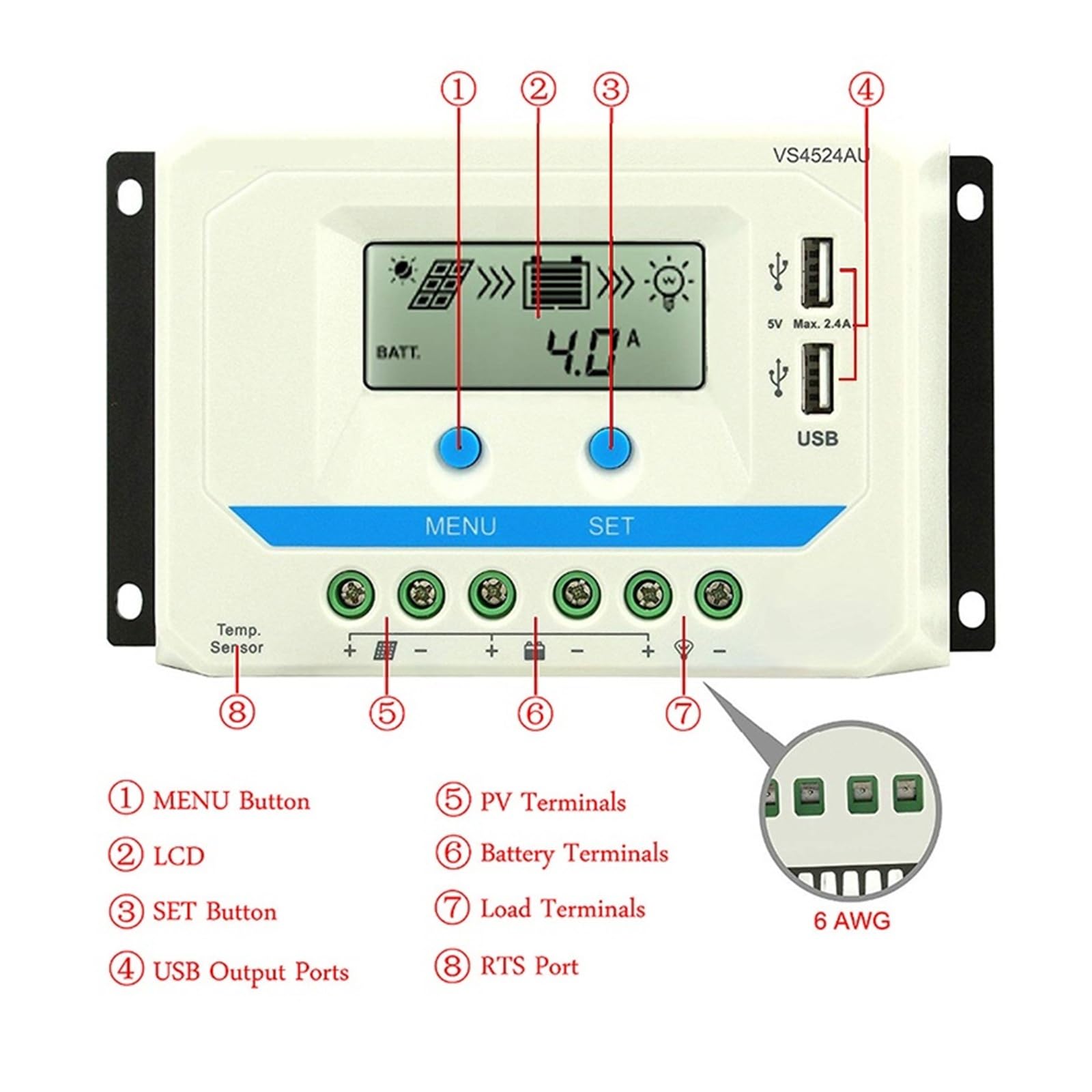 Regulator ładowania słonecznego PWM 60 A, 45 A, 30 A, 20 A, 10 A, 12 V, 24 V, 36 V, 48 V, z automatycznym panelem słonecznym i podświetlanym wyświetlaczem LCD. (60A (VS6048AU))