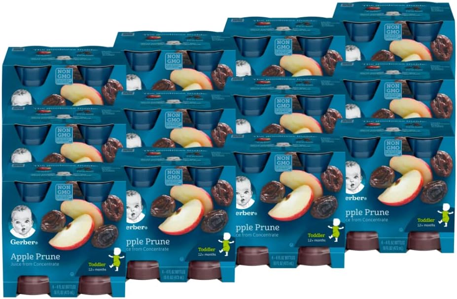Gerber Apple Prune Juice, Non-GMO Juice from Concentrate, Made for Toddlers, 4-4 FL OZ Bottles Per Pack (Pack of 12)
