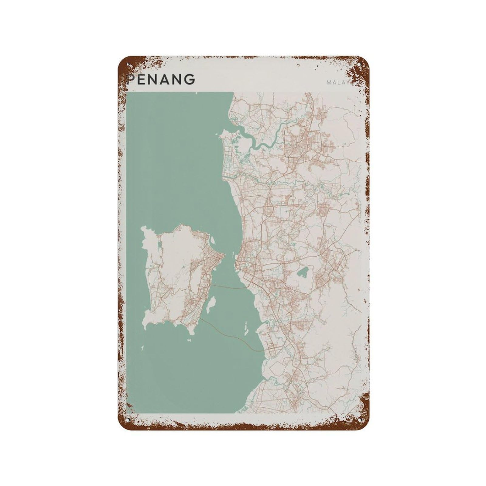 xiaoxiaoshen Penang Map Malaysia Travel Gift Scandi Wall Decor Art Metal Tin Poster Modern Home Decor Art Home Bar Shop Decorations Vintage Sign 30x20cm