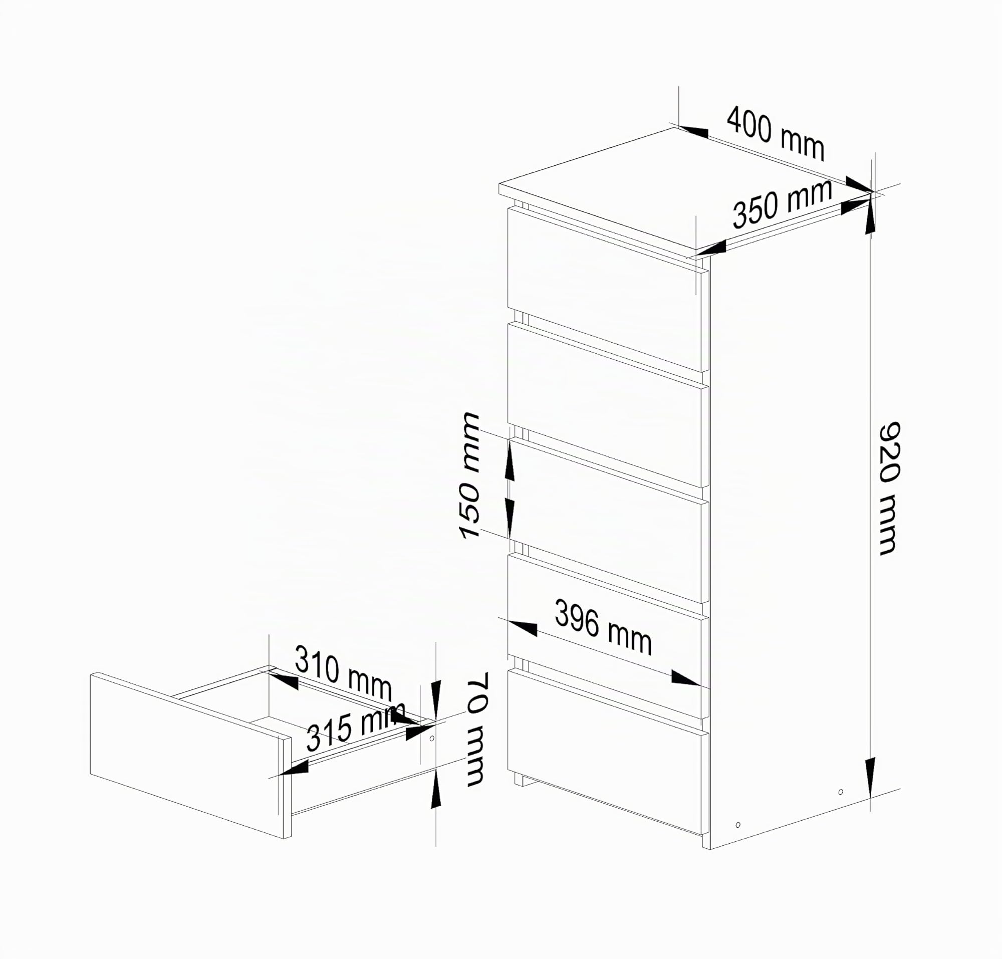 AKORD | Cassettiera a 5 Cassetti | Credenza Alta | Moderna Mobiletto per Soggiorno Sala da Pranzo Camera da Letto Corridoio Bagno | Armadio Cameretta | 35x40x92 cm | Grigio grafite |Rovere artigianale