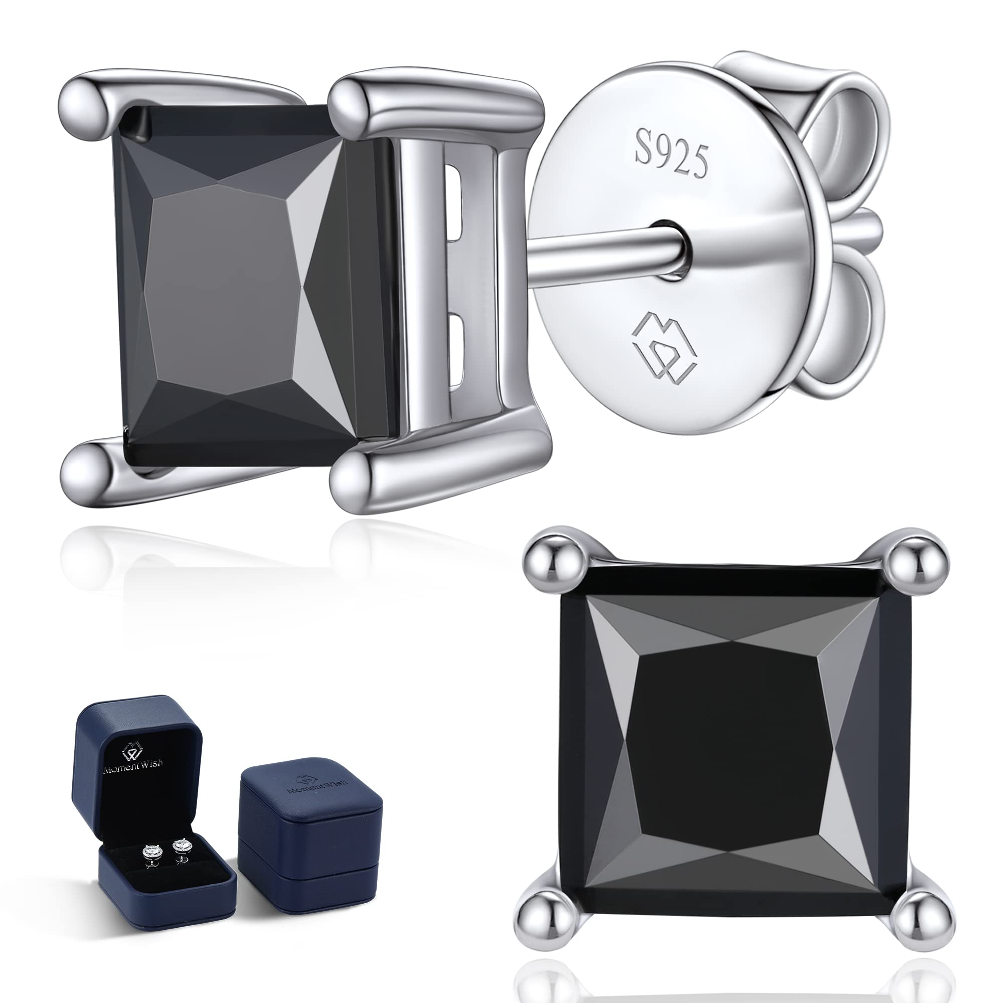 MomentWish Black Stud Earrings for Men Women, 1/2 Carat Black Lab-created Moissanite 925 Sterling Silver Stud Earrings Anniversary Birthday Christmas Gifts for Her or Him