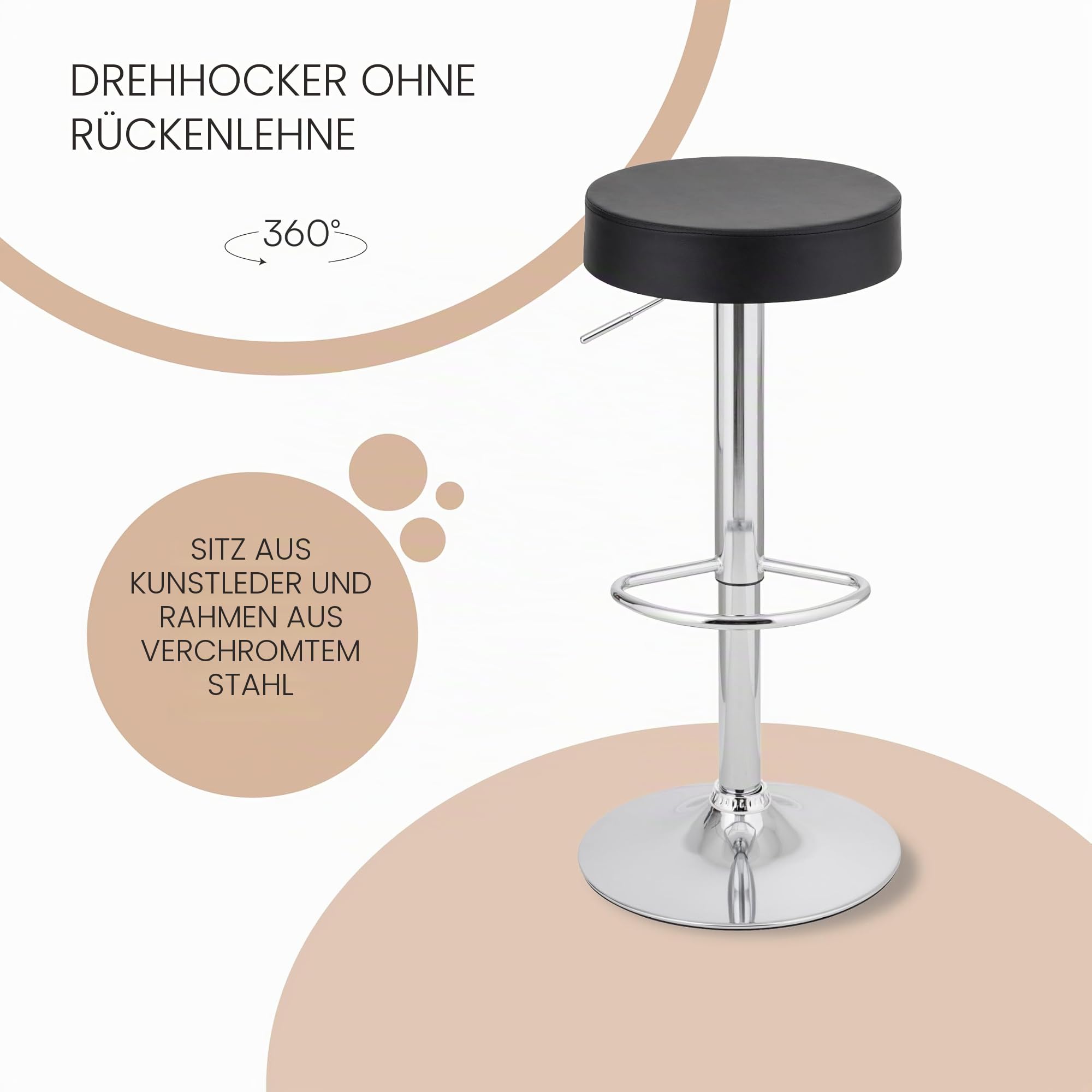 Baroni Home Drehbarer Barhocker mit Verstellbarer Höhe, verchromter Sockel mit Fußstütze und kratzfestem Boden, Hocker für Küche und Halbinsel, einfache Montage, 35x45x59-79 cm, Schwarz 1 Stück