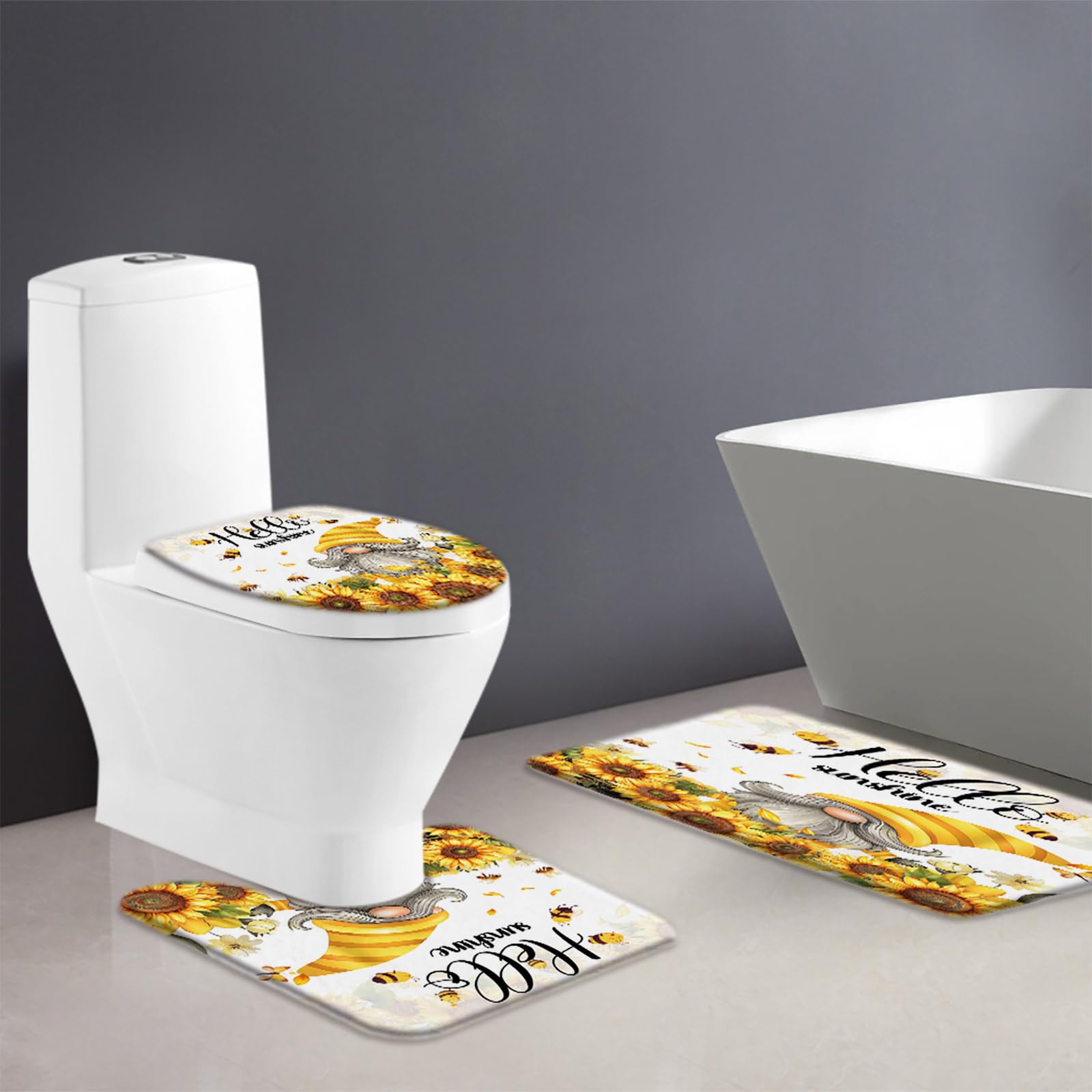 AYDSMYD 3 Piece Hello Sunshine Bath Mat Funny Quotes Gnomes Sunflower Bees Spring Summer Seasonal Farmhouse Holiday Creative Art Bathroom Bathtub Floor Rugs Absorbent Doormat Toilet Decor