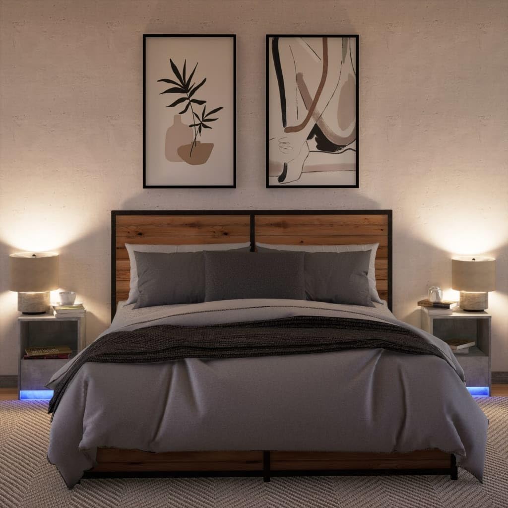 Homgoday Mesillas de noche con luces LED, 2 unidades, mesitas de noche, mesita de noche, mesa auxiliar, mesa auxiliar para cama, dormitorio, salón, gris hormigón, madera, 38 x 34 x 50 cm