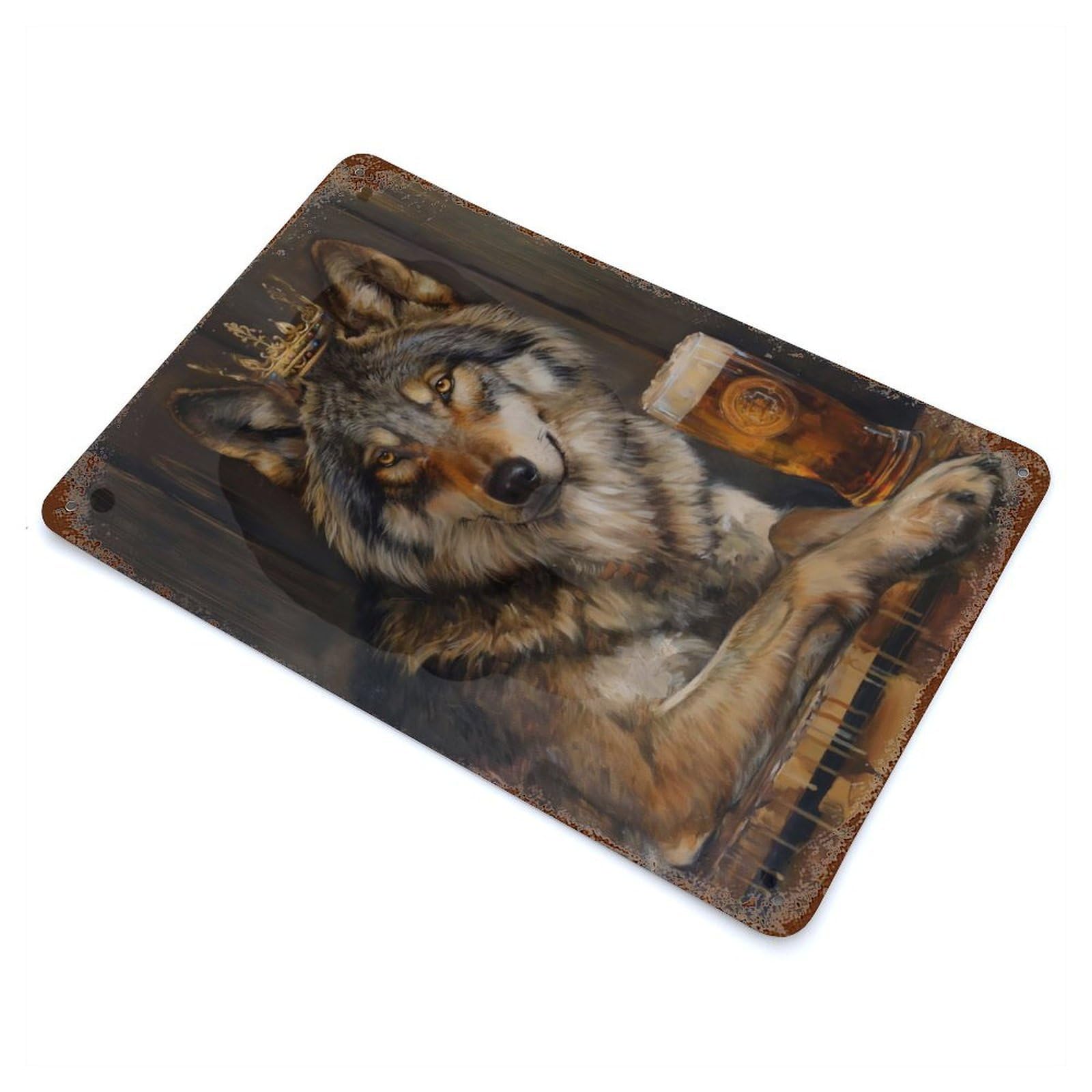 Distressed Metal Wall Sign with Wolf King Crown Pint Beer Design 11.8"x7.9", for Farmhouse, Kitchen And Entryway Decor, Old School Wall Decor