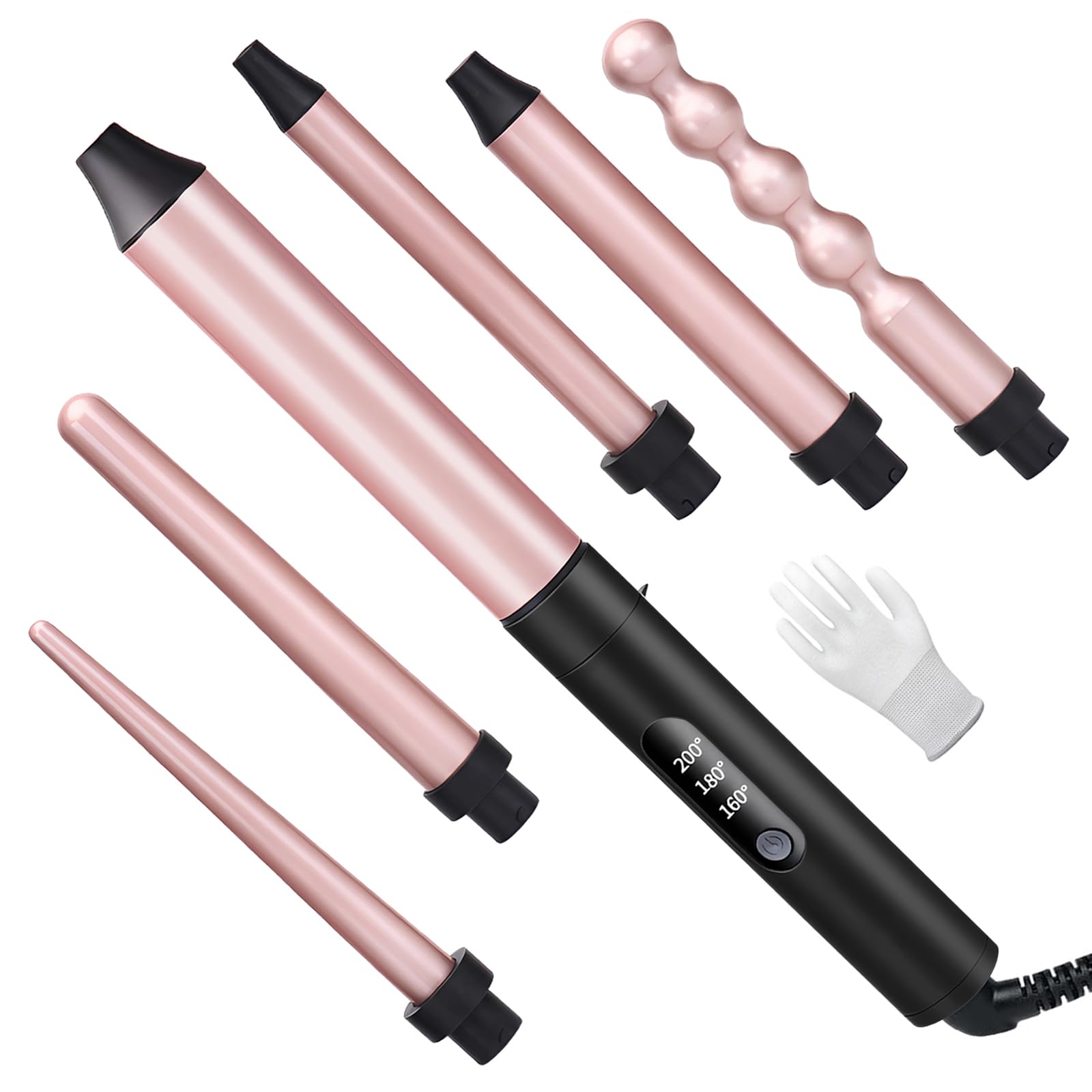 Unipampa Rizador Pelo Profesional, 6 en 1 Rizador de Pelo, 9-32mm Planchas Rizadoras, Plancha Pelo Ondas, Temperatura Ajustable, Revestimiento de Cerámica,con guantes