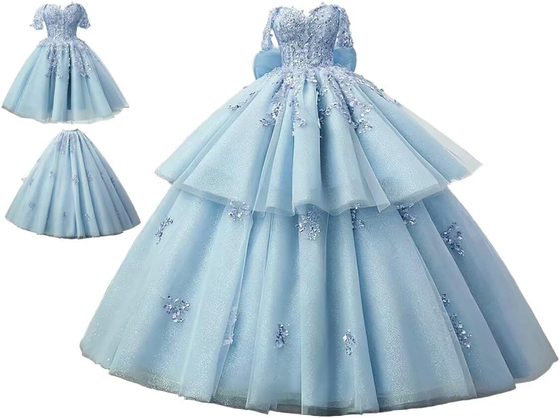Asulla 2 in 1 Quinceanera Dress with Bow Off Shoulder Sweet 16 Ball Gown Sparkly Beaded Vestidos De 15 Años Quinceañera