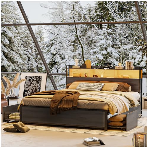 La Mejor Recopilación de Recamara Matrimonial - los más vendidos. 48 SIMPLE HOGAR 1.4 M Base Cama Matrimonial Y Cabecero de Almacenamiento,con 2 Cajones de Almacenamiento,con 2 Salidas Carga y 2 Puertos USB y Luces LED.(Gris, Matrimonial)